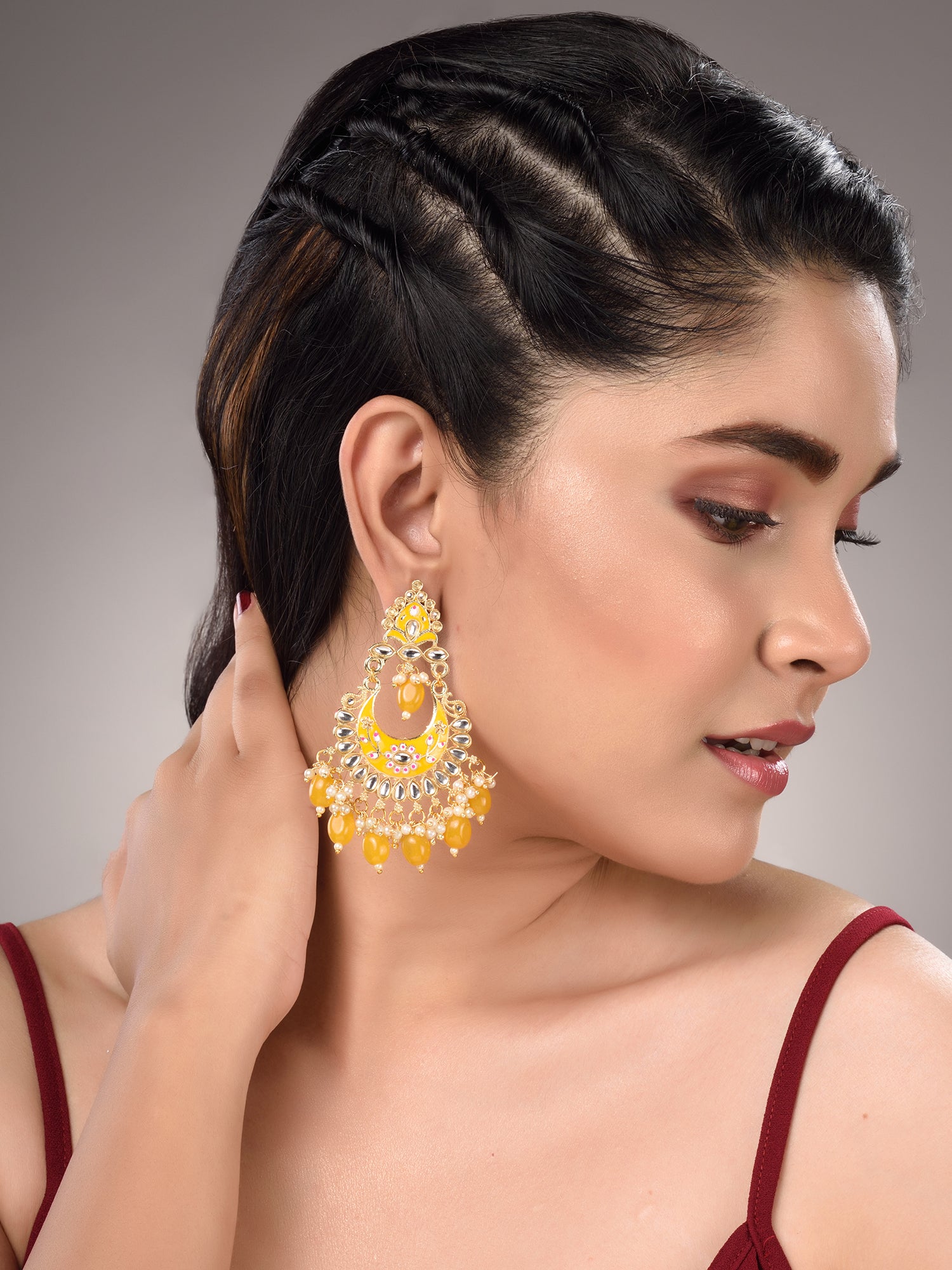 Gold Plated Yellow Contemporary Chandbali Drop Earrings