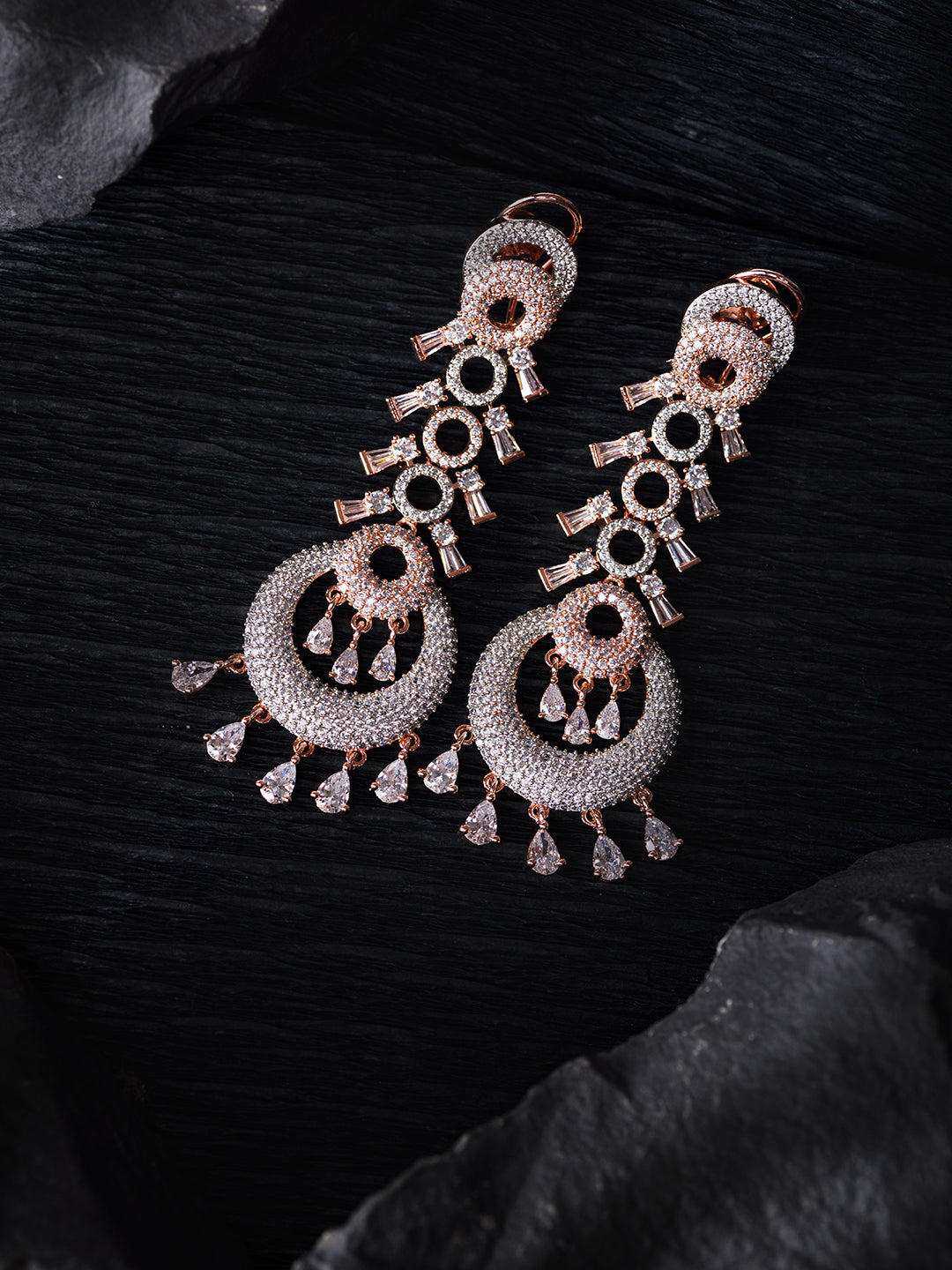 Rose Gold Plated White AD studded Circular Chandelier Dropdown Handcrafted Earrings