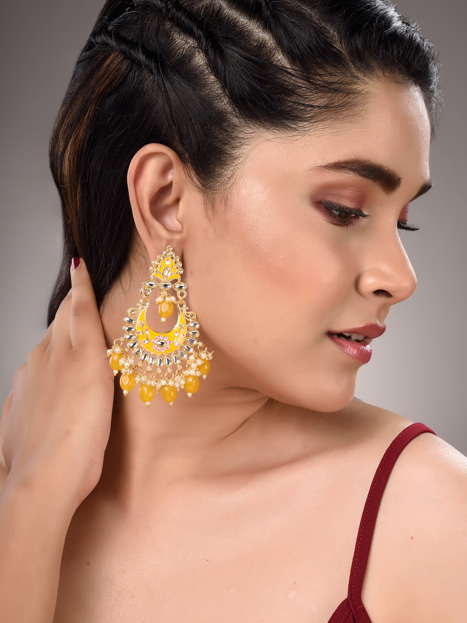 Gold Plated Yellow Contemporary Chandbali Drop Earrings