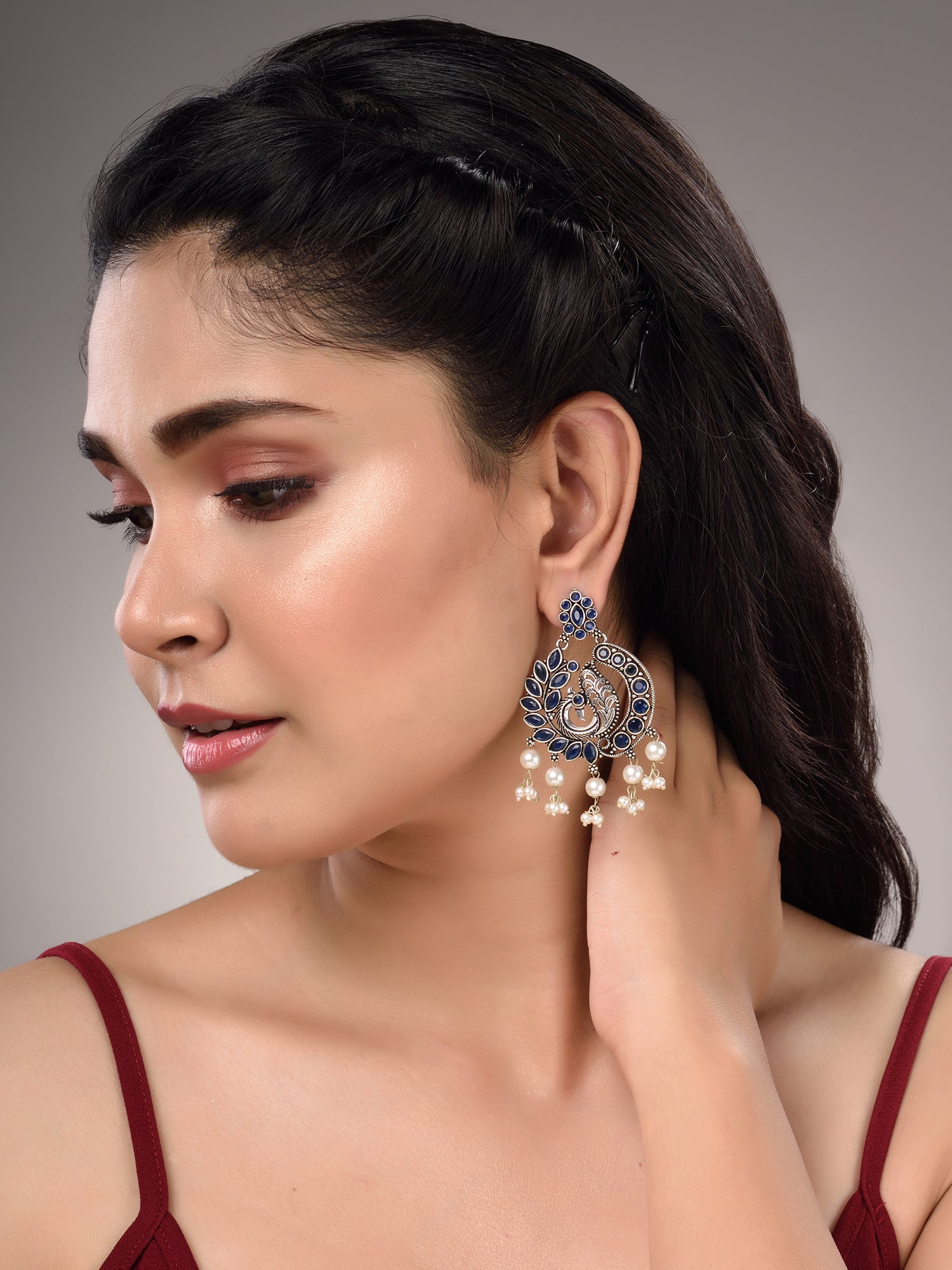 Silver Plated Oxidised Blue Peacock shaped Earrings