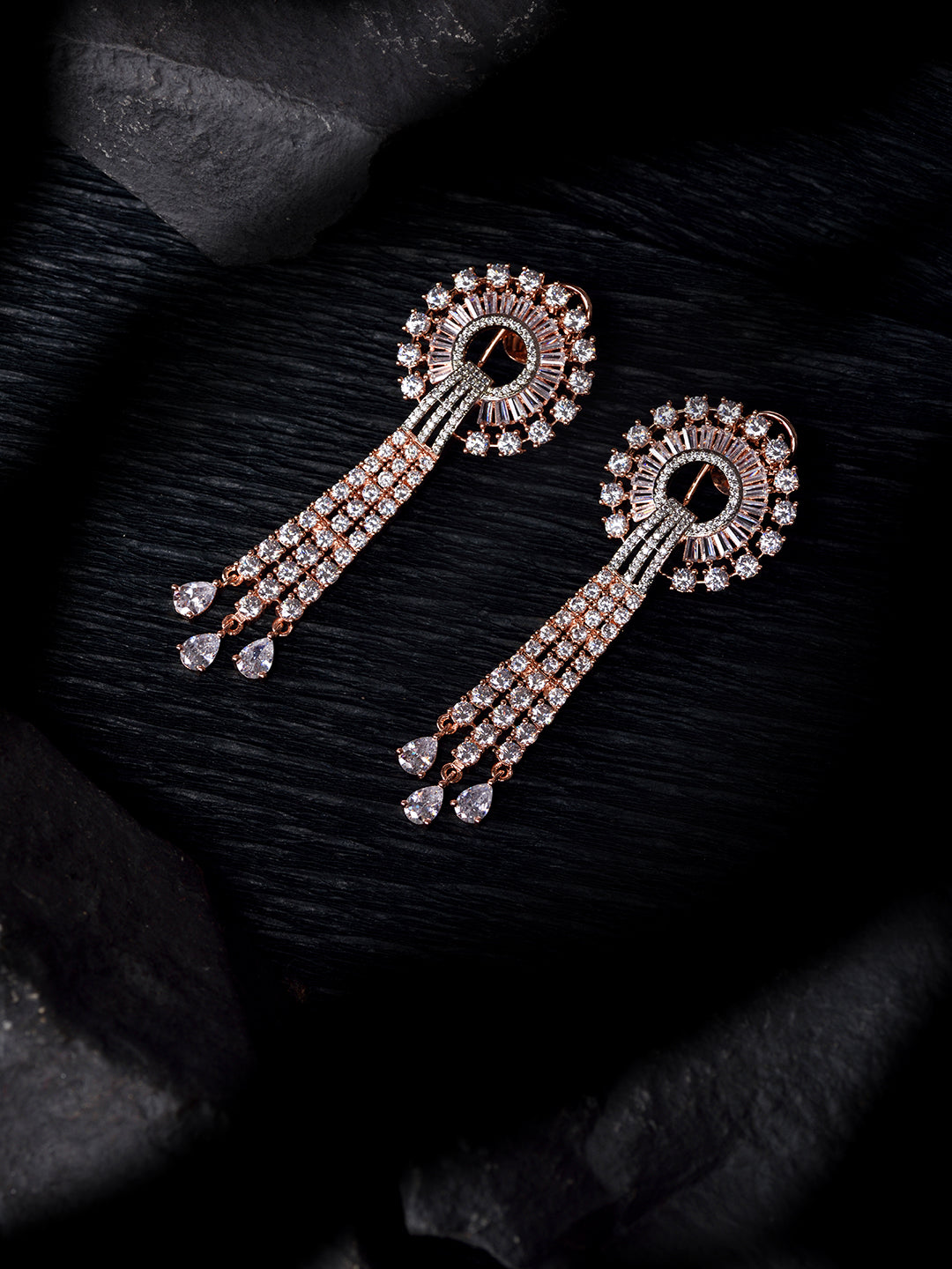 Rose Gold plated White AD studded Knotted Long Dropdown Handcrafted Earrings