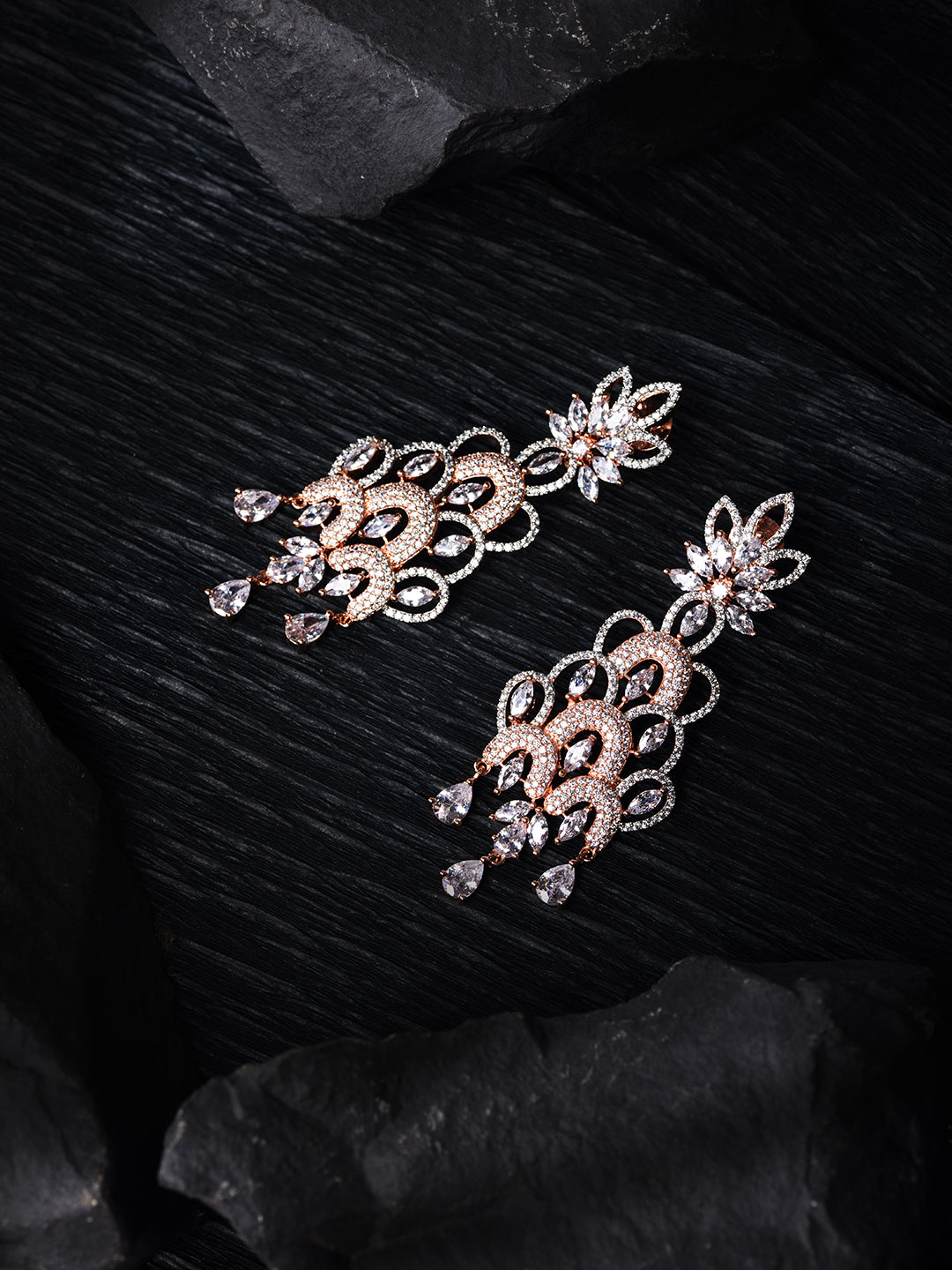 Rose Gold Plated White AD Studded Floral Chandelier Dropdown Handcrafted Earrings