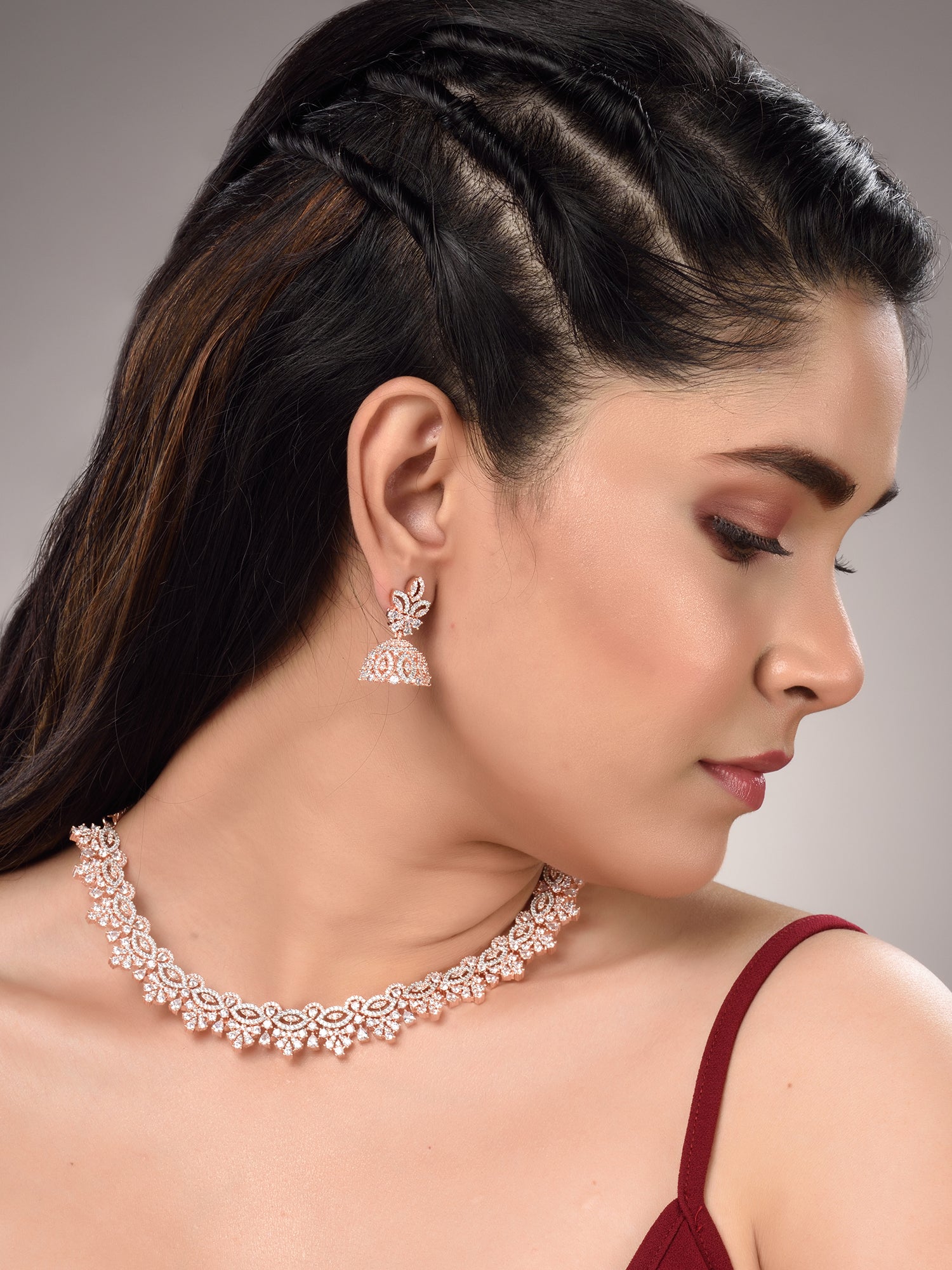 Rose Gold Plated White AD Studded Necklace Jhumka Jewellery Set