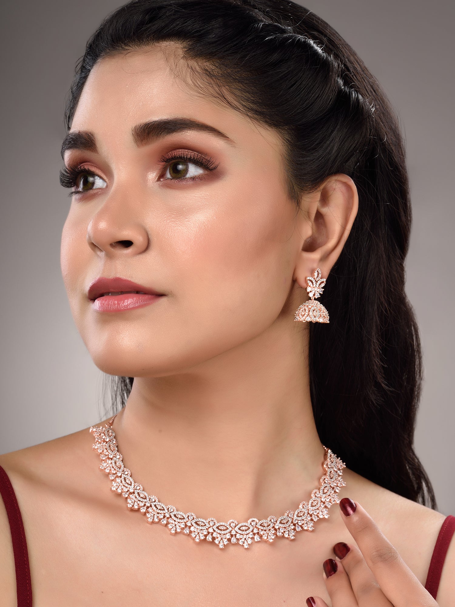 Rose Gold Plated White AD Studded Necklace Jhumka Jewellery Set