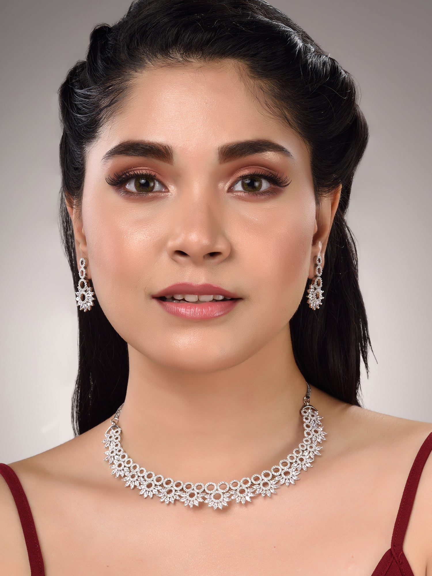 Silver Plated White AD studded Star Shaped Necklace Jewellery Set