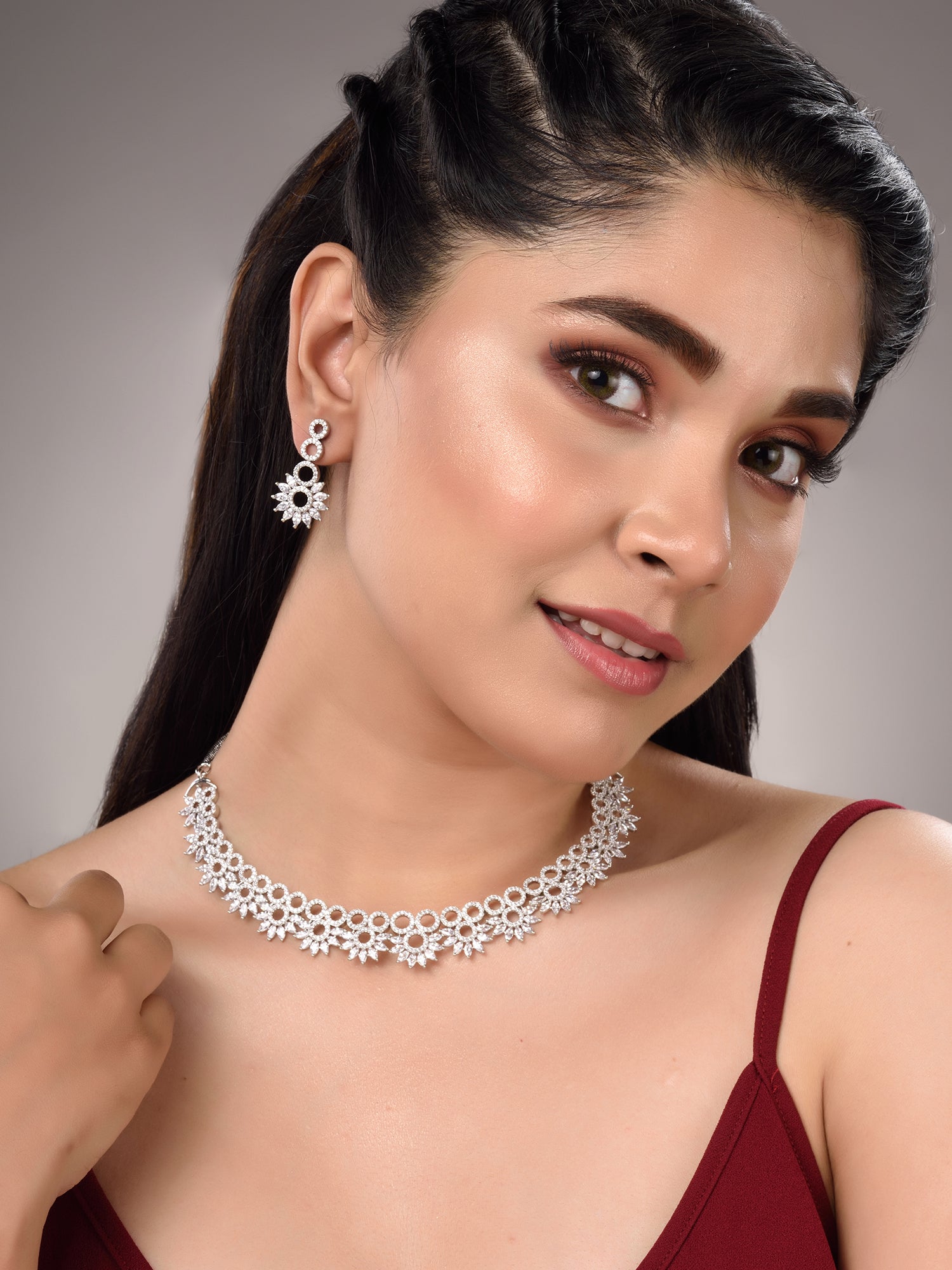 Silver Plated White AD studded Star Shaped Necklace Jewellery Set