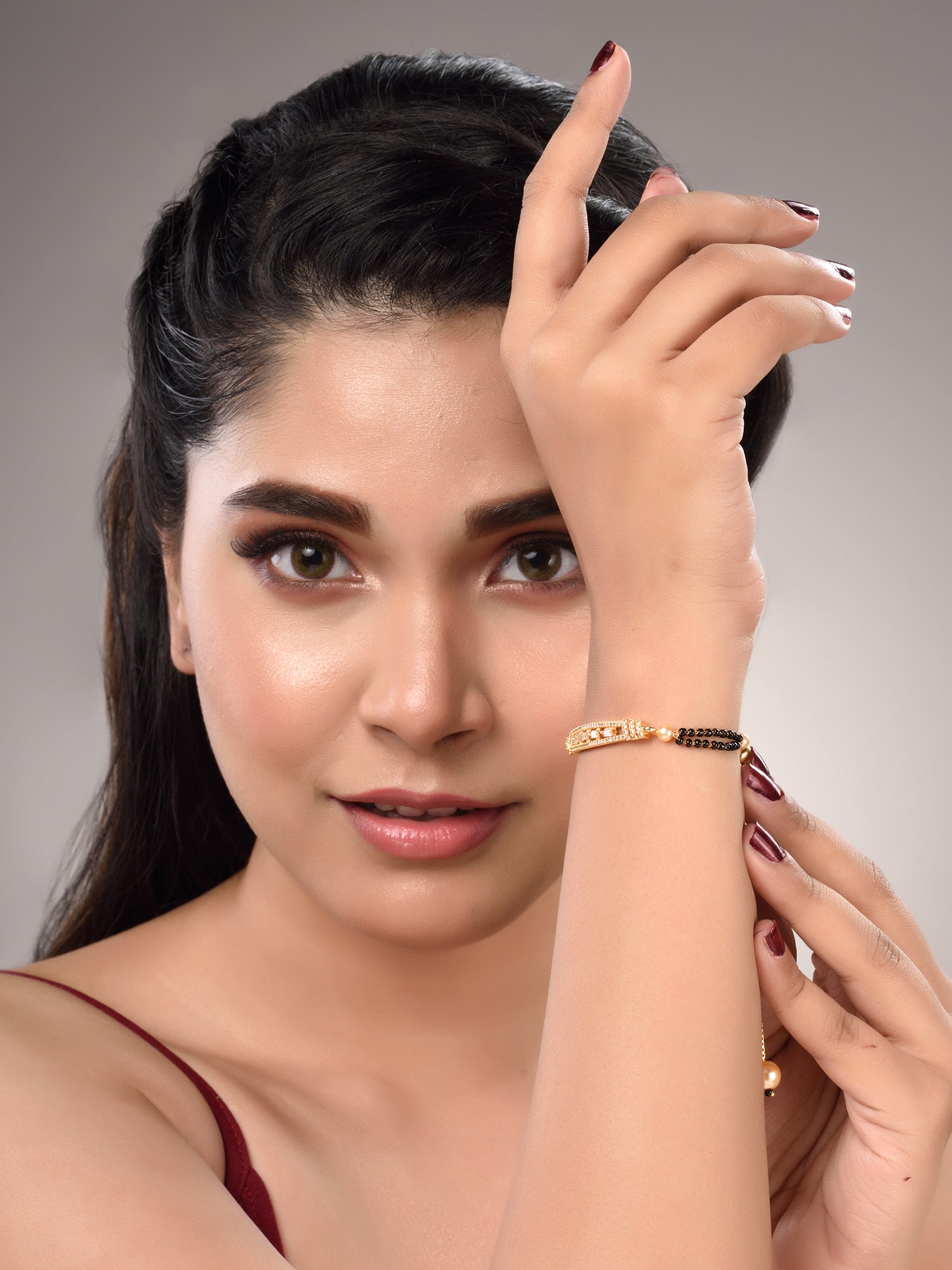 Gold Plated White AD StuddedAdjustable Mangalsutra Bracelet