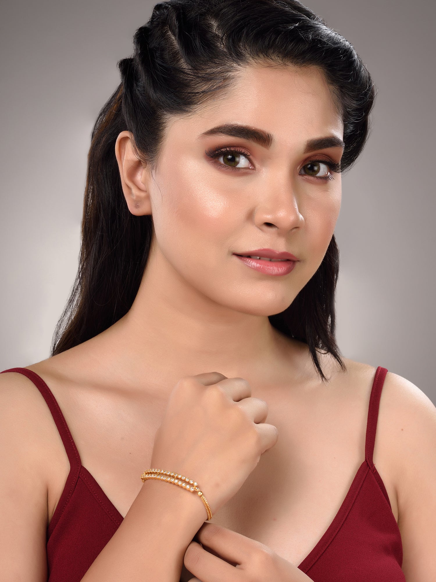 Gold Toned & White AD Studded Wraparound Adjustable Bracelet