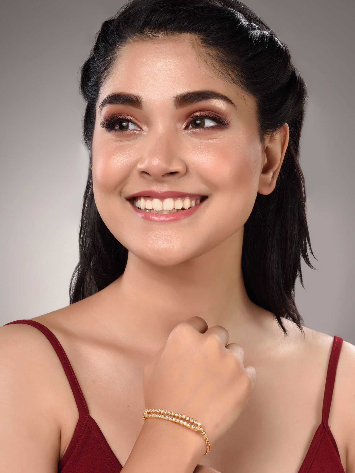 Gold Toned & White AD Studded Wraparound Adjustable Bracelet