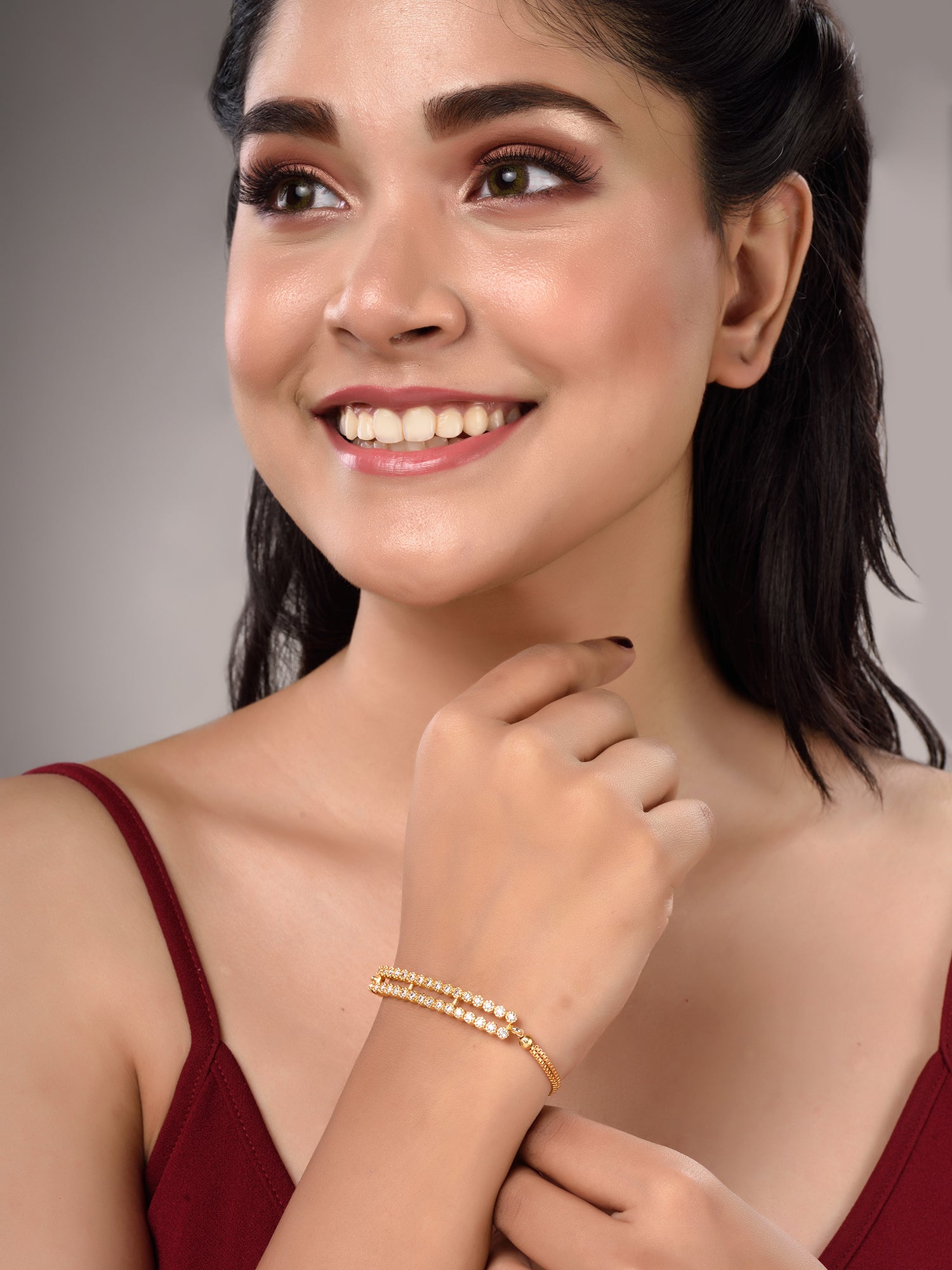 Gold Toned & White AD Studded Wraparound Adjustable Bracelet