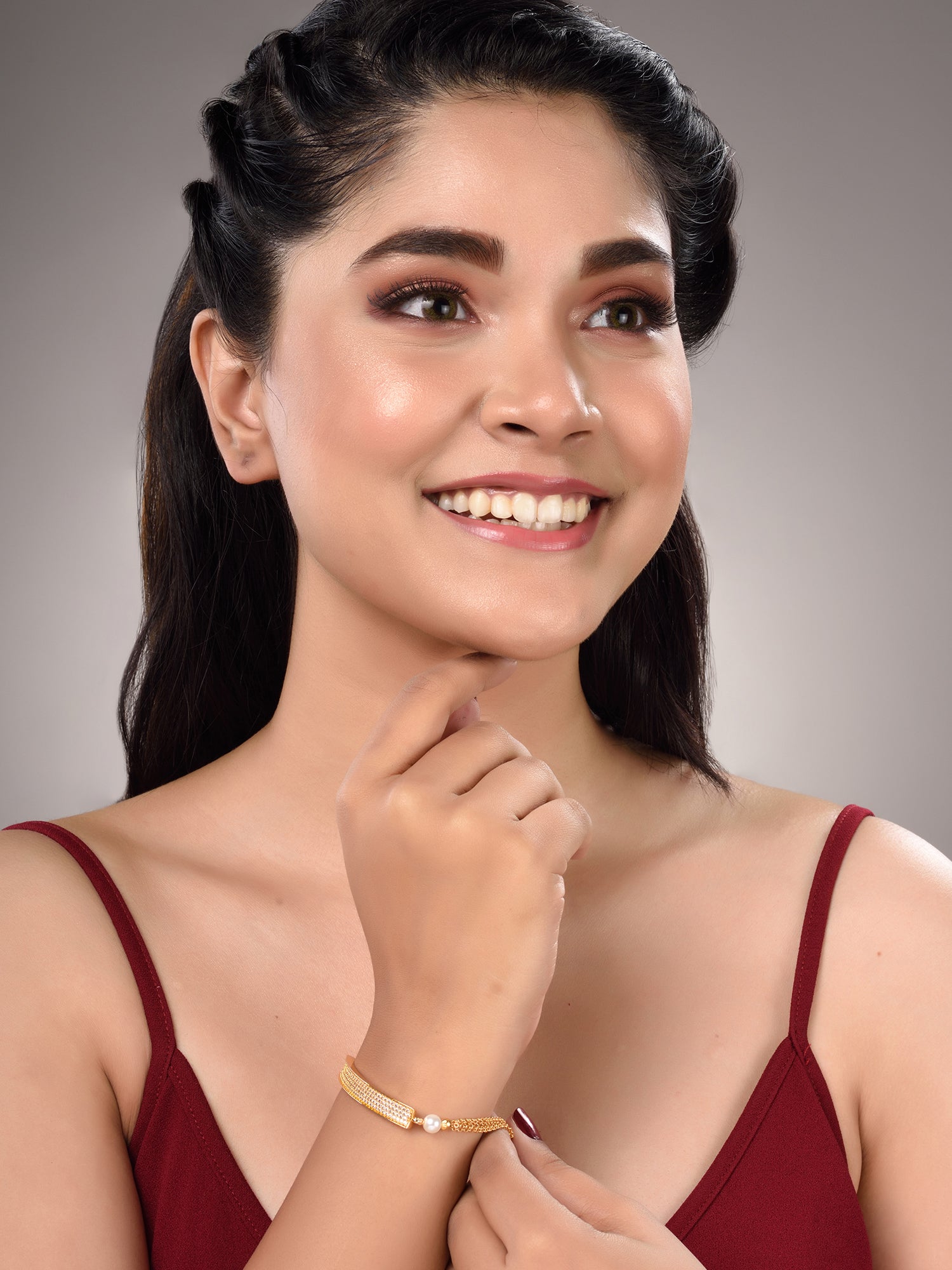 Gold Plated White AD Studded Pearls Adjustable Bracelet