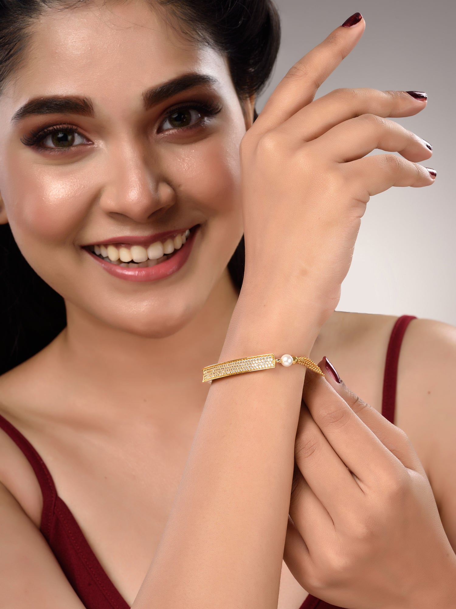 Gold Plated White AD Studded Pearls Adjustable Bracelet