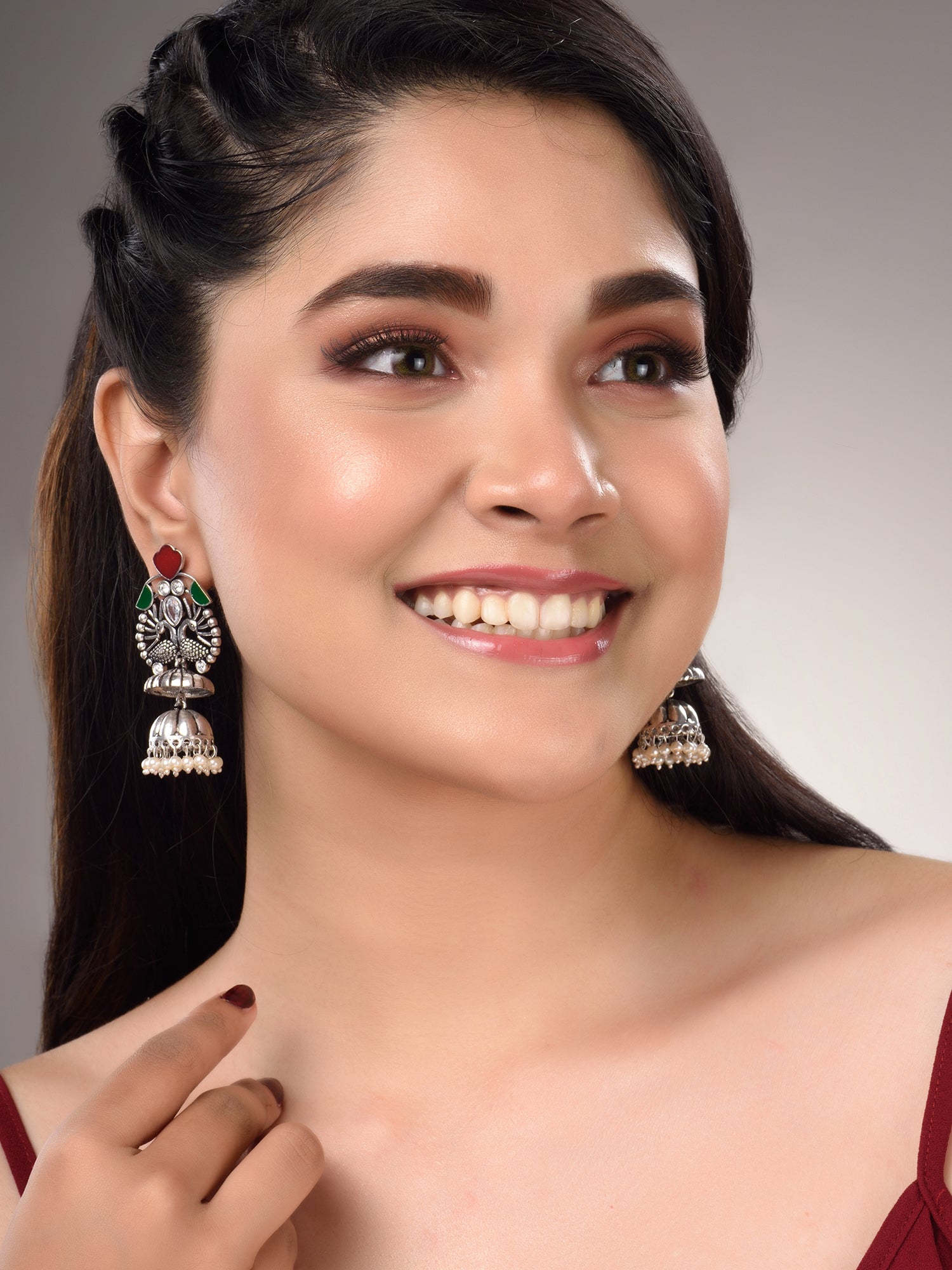 Silver Tonned Contemporary Oxidised Jhumka Earrings