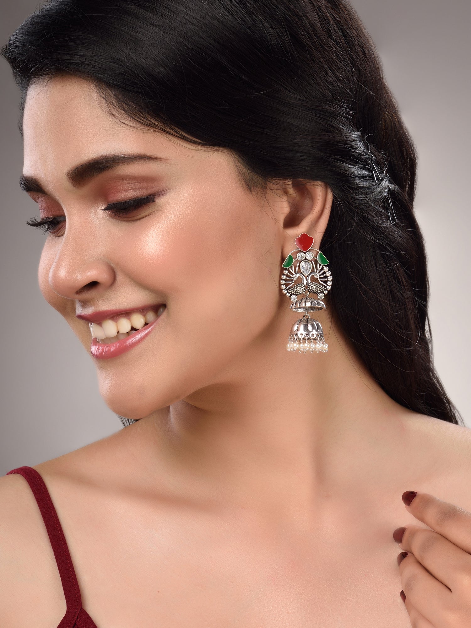 Silver Tonned Contemporary Oxidised Jhumka Earrings