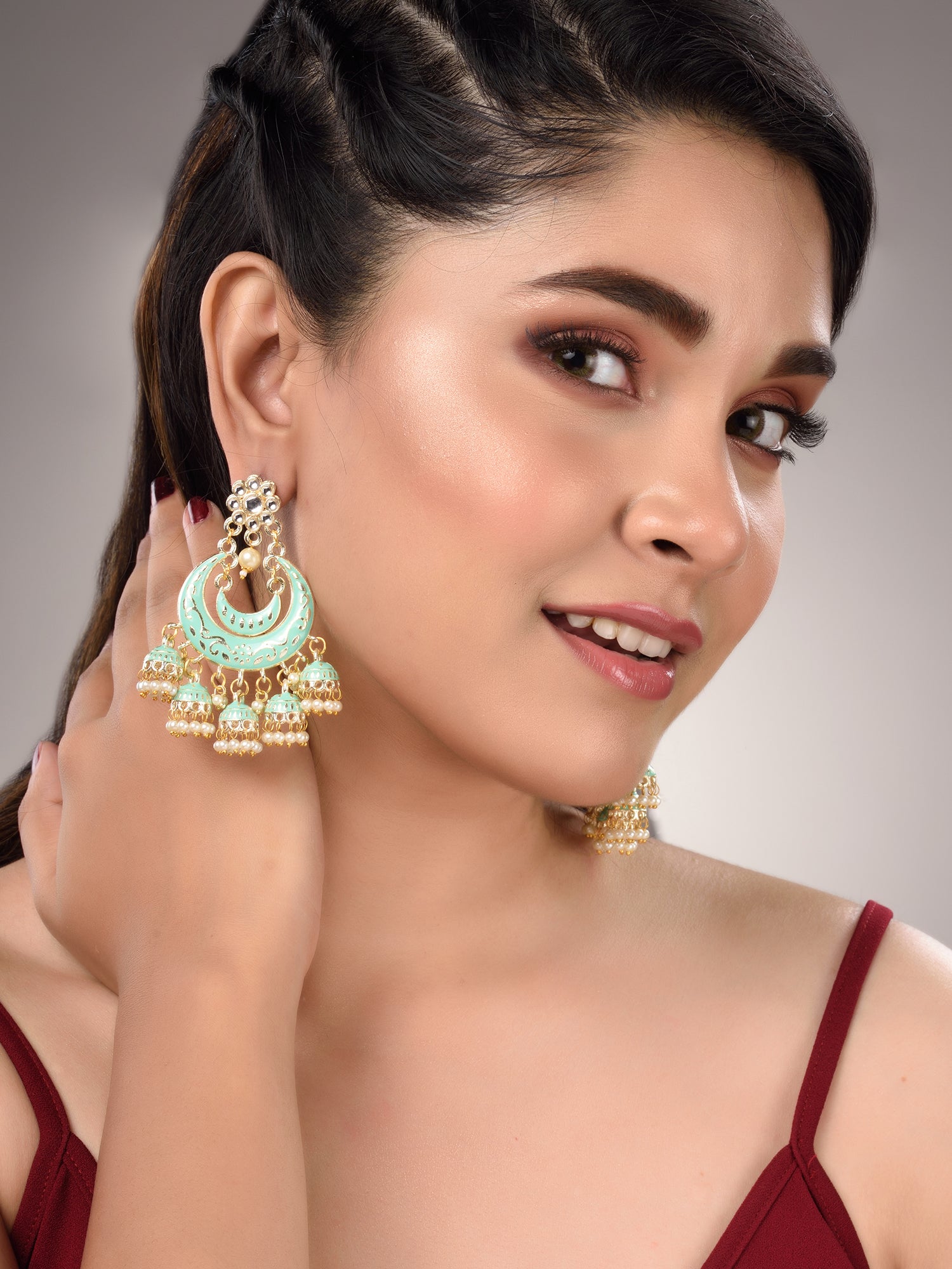 Gold Plated Mint Contemporary Chandbali Drop Earrings