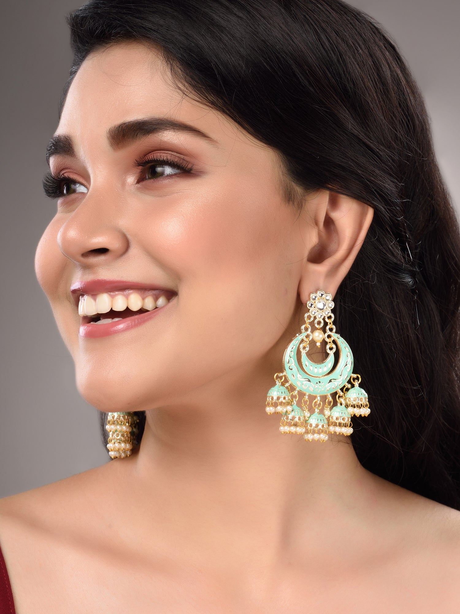 Gold Plated Mint Contemporary Chandbali Drop Earrings