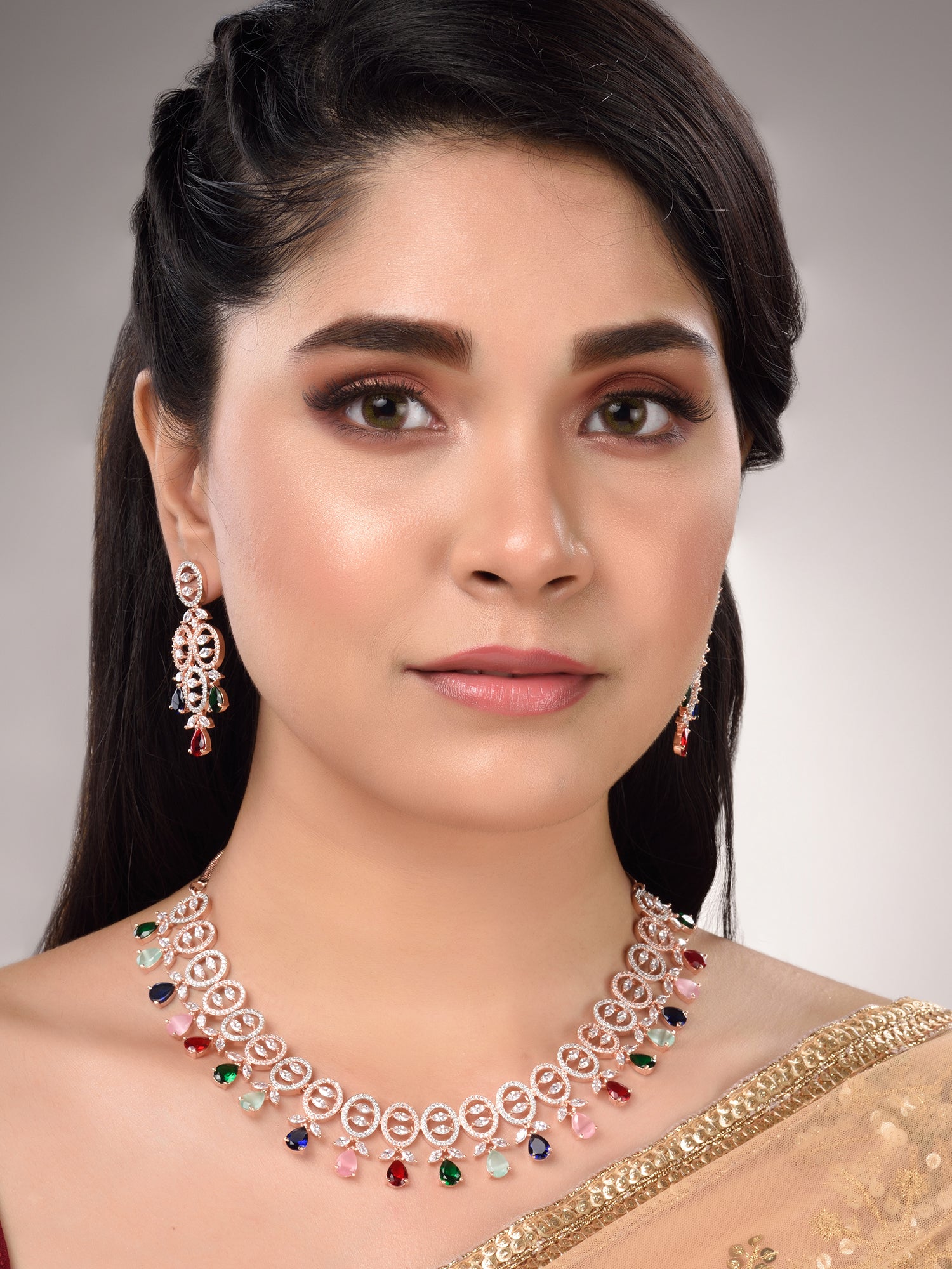 Rose Gold Toned Multi Contemporary Necklace Jewellery Set