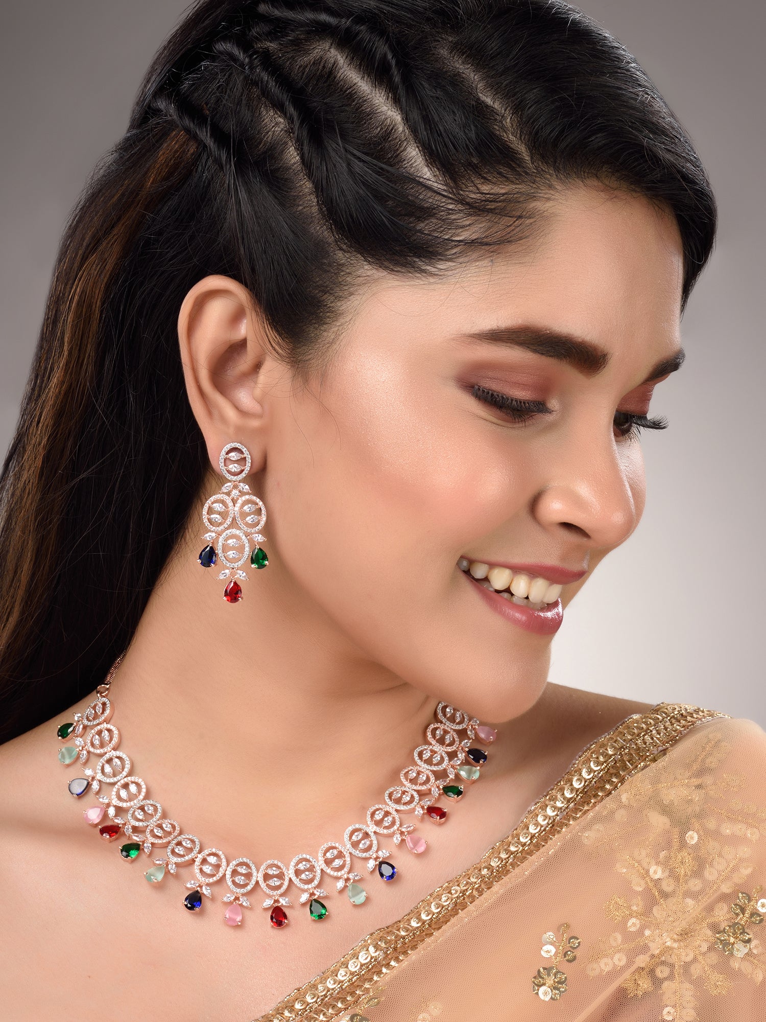 Rose Gold Toned Multi Contemporary Necklace Jewellery Set