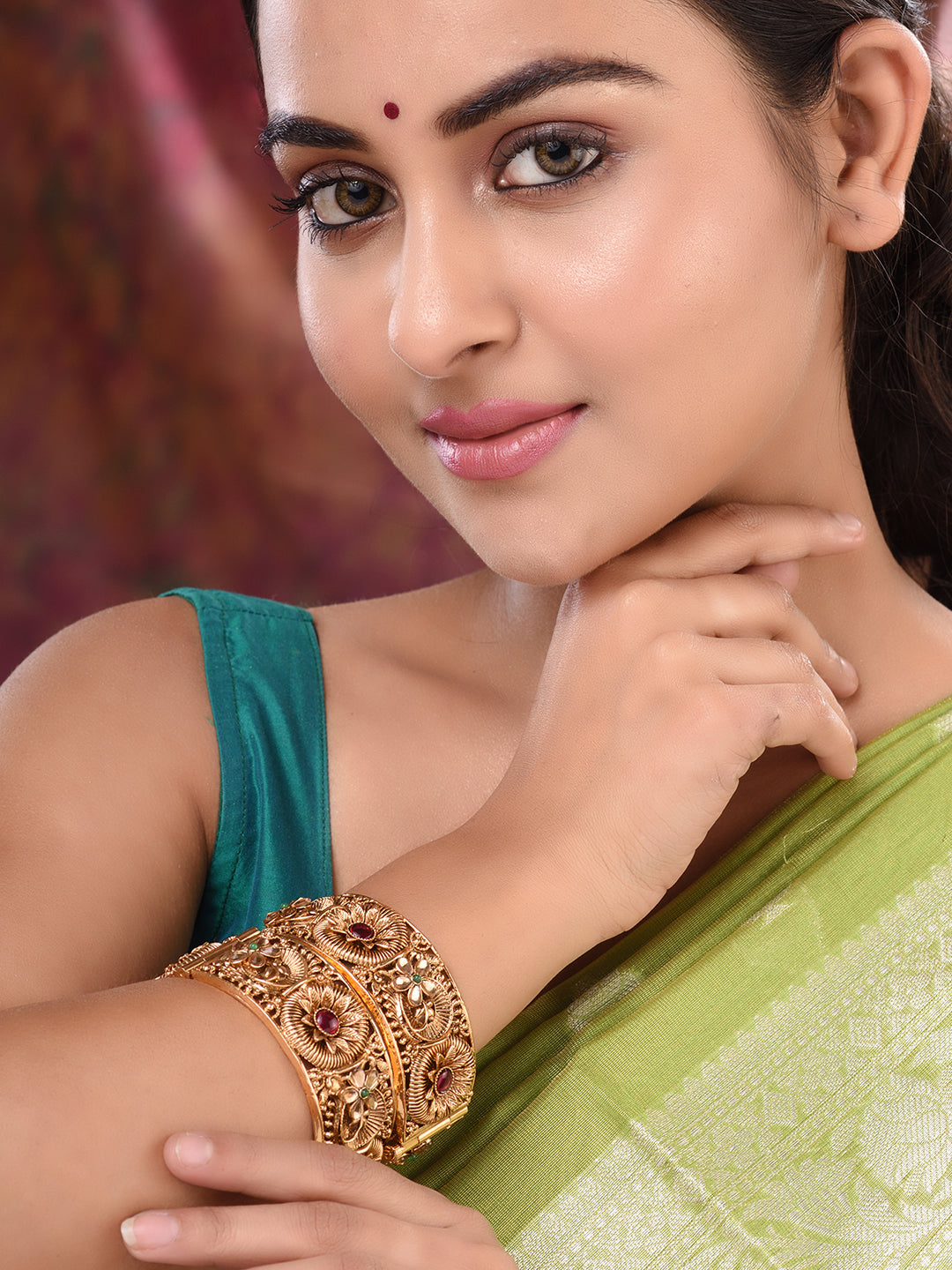 Set Of 2 Gold Plated Red Stone Studded Floral Openable Bangles