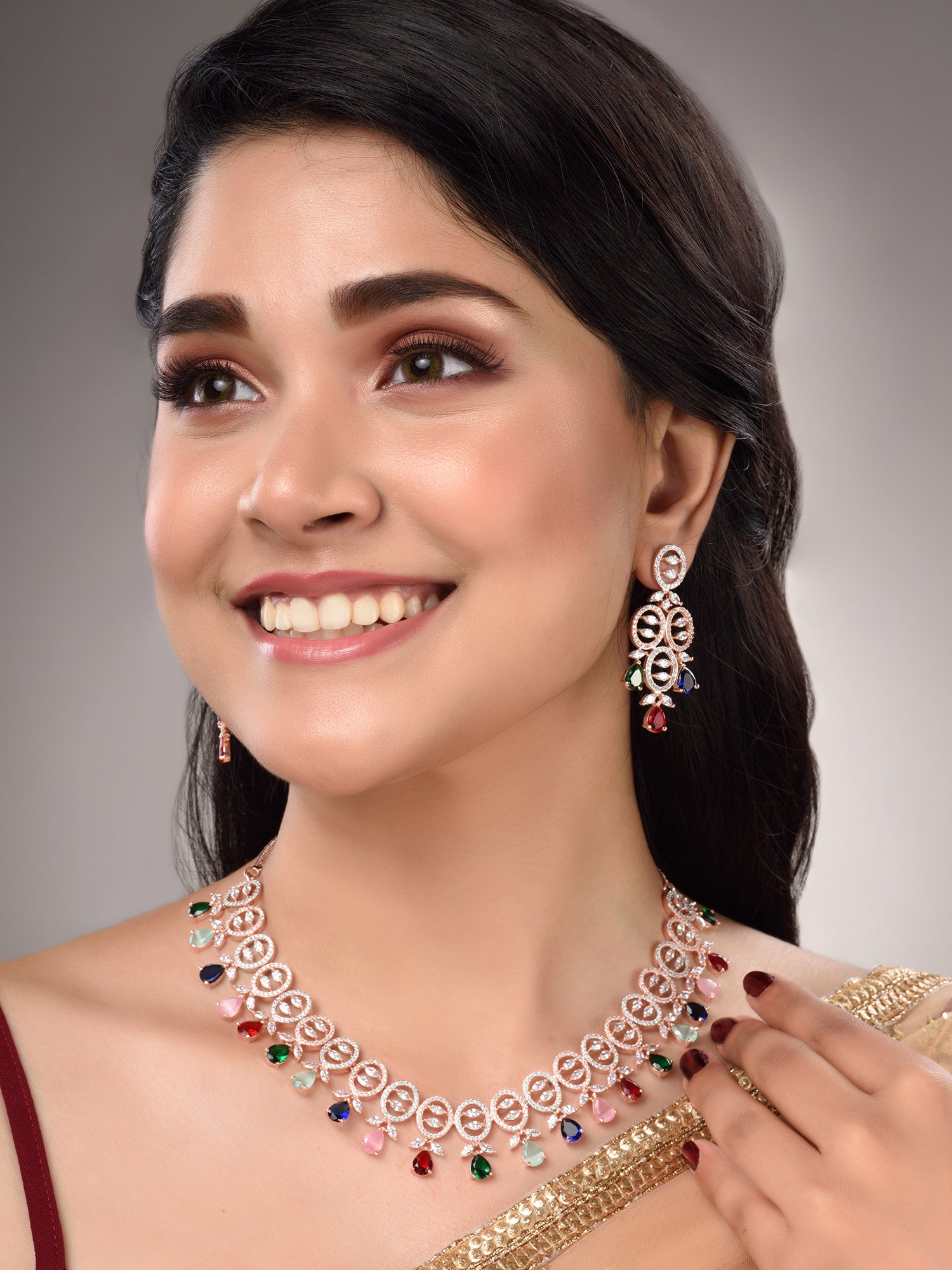 Rose Gold Toned Multi Contemporary Necklace Jewellery Set