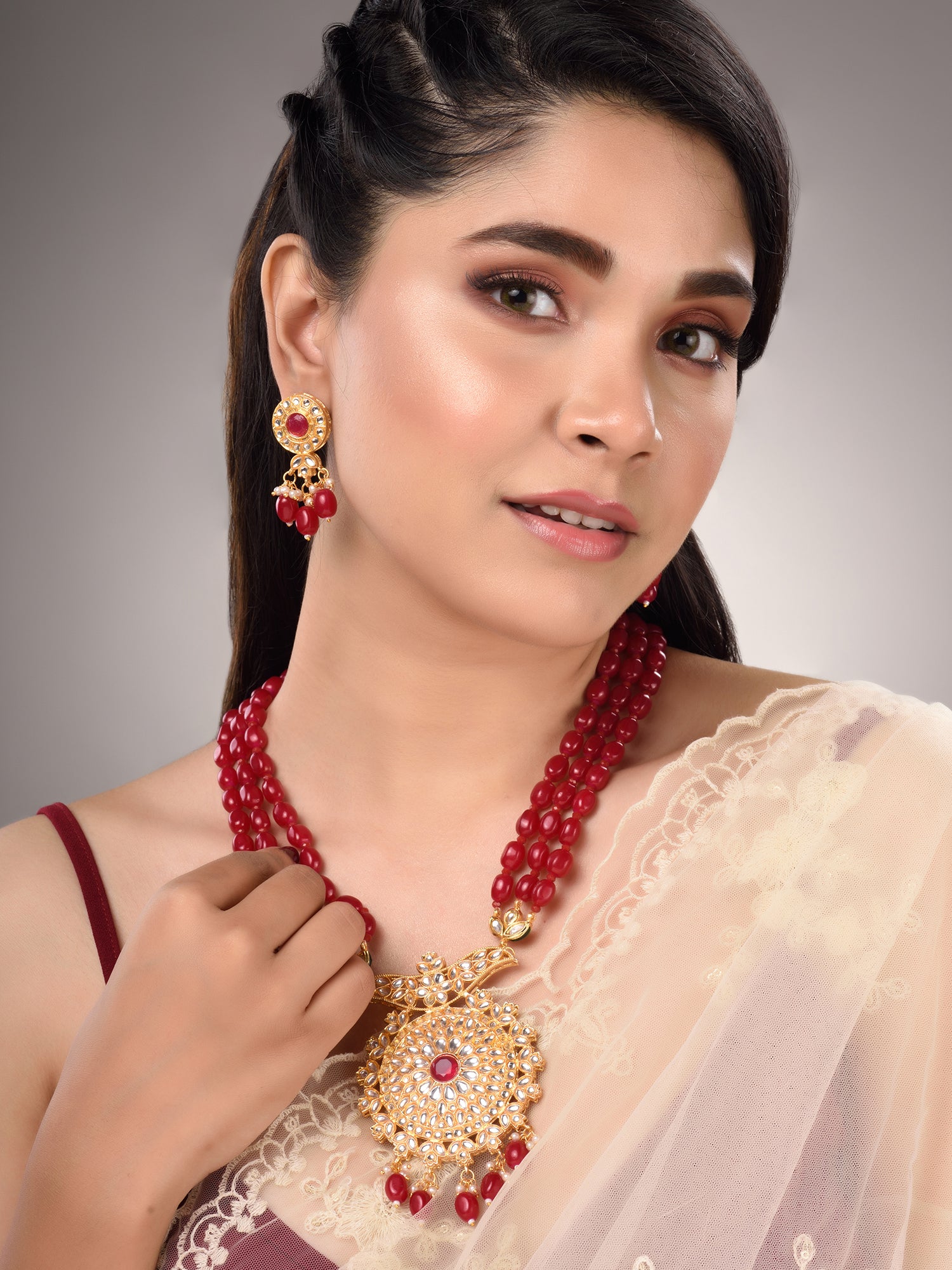 Gold Plated Red & White Pearl Beaded Necklace Jewellery Set