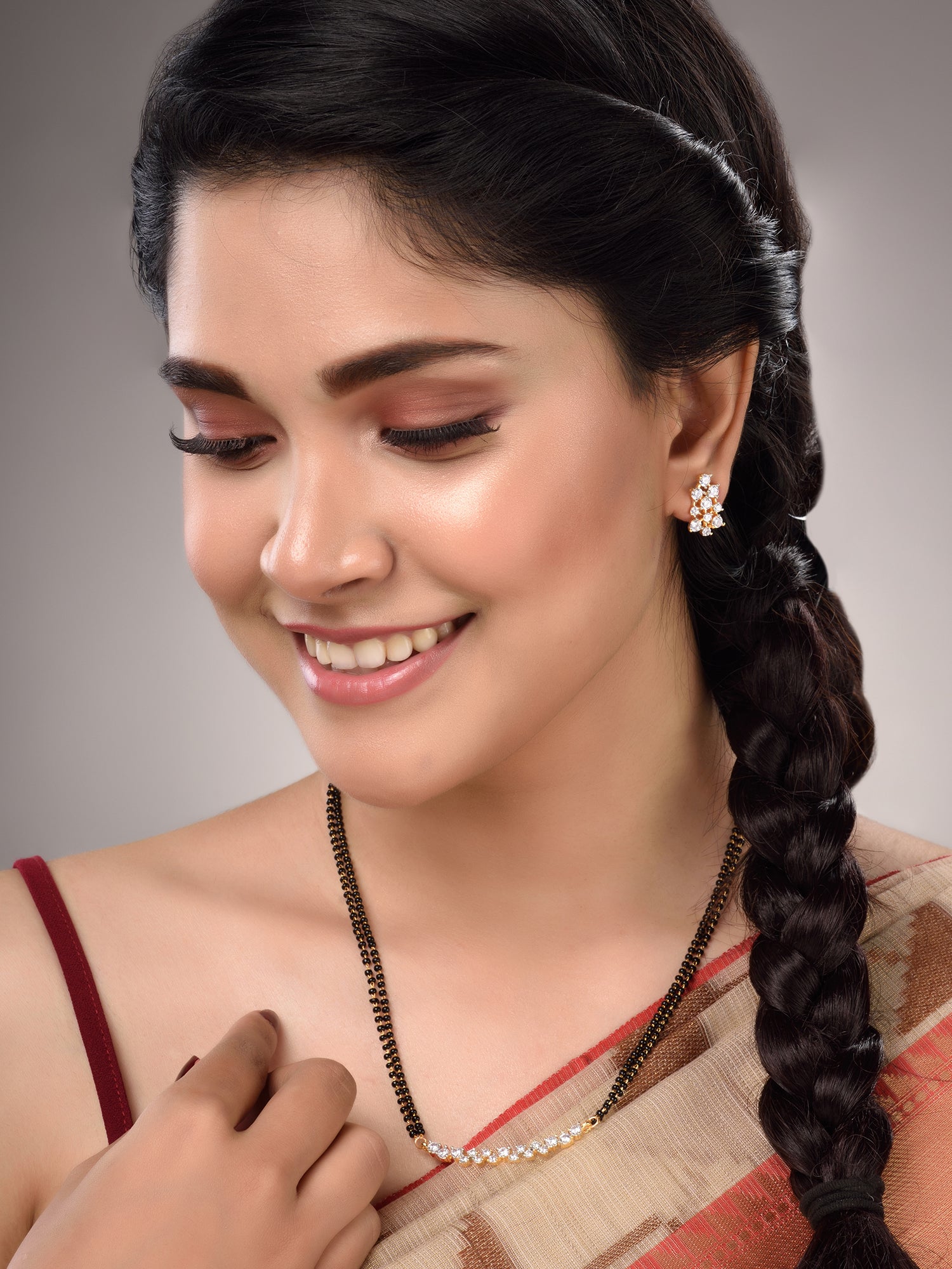 Gold Plated White AD Studded Mangalsutra Earrings