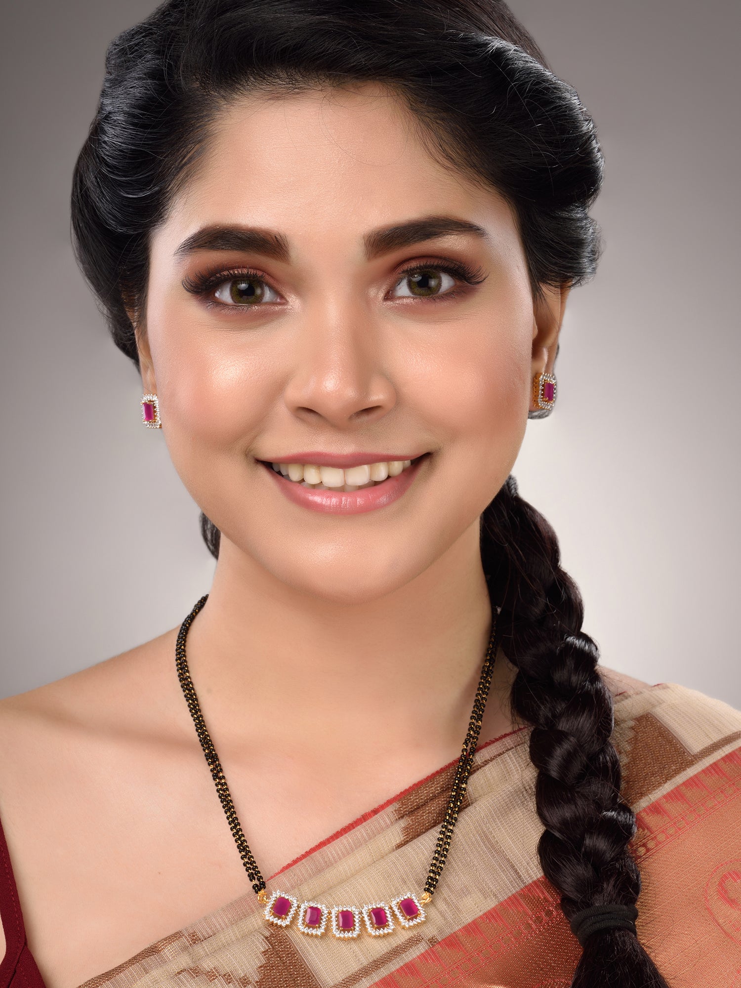 GOLD Plated Red AD Studded Black Beaded Mangalsutra Jewellery Set