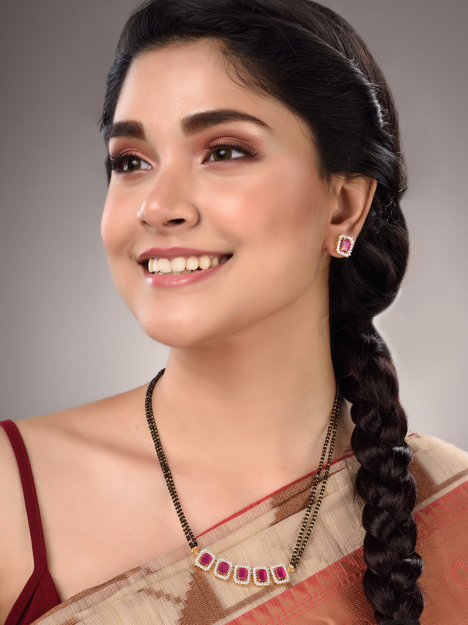 GOLD Plated Red AD Studded Black Beaded Mangalsutra Jewellery Set