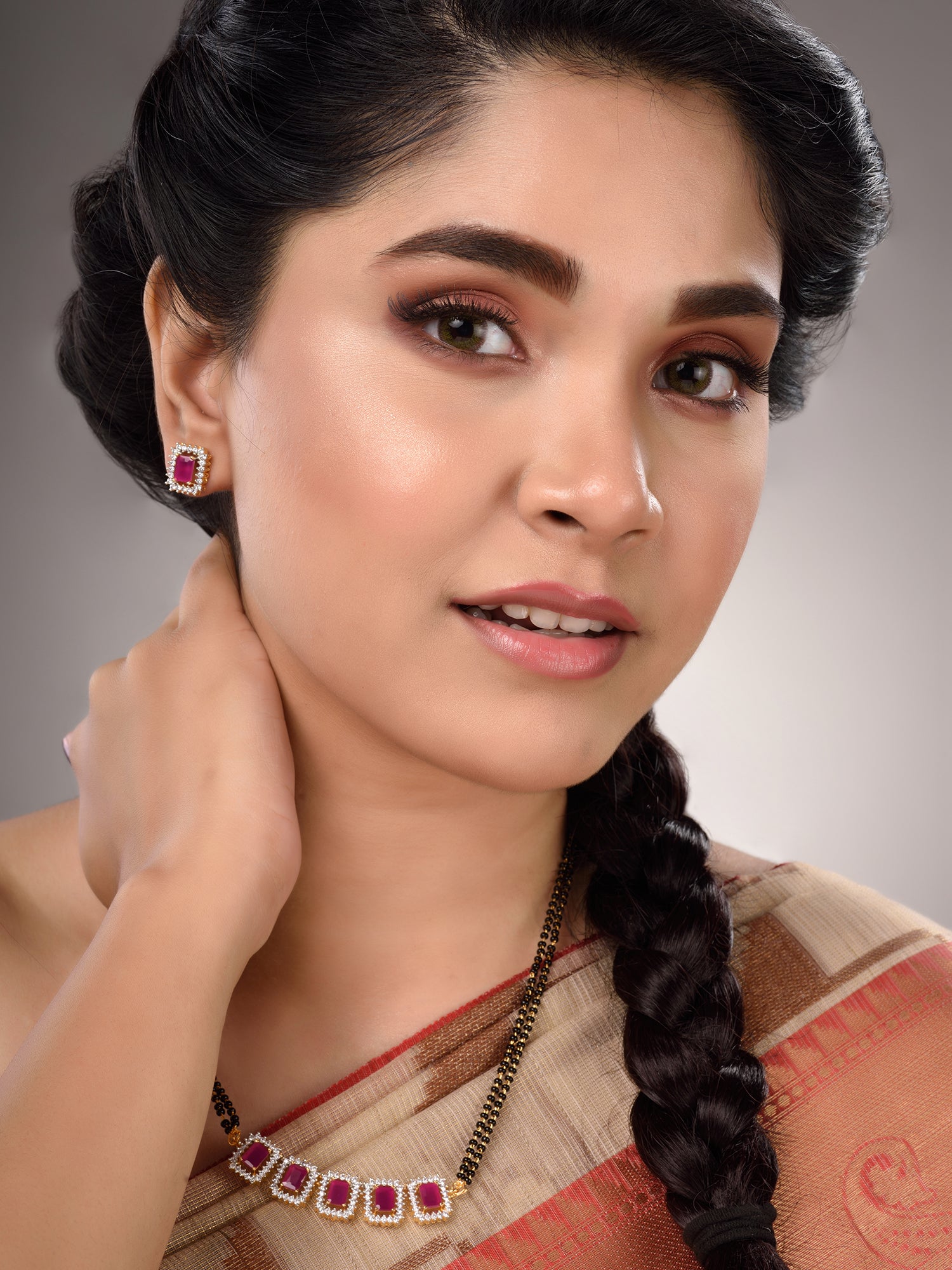 GOLD Plated Red AD Studded Black Beaded Mangalsutra Jewellery Set