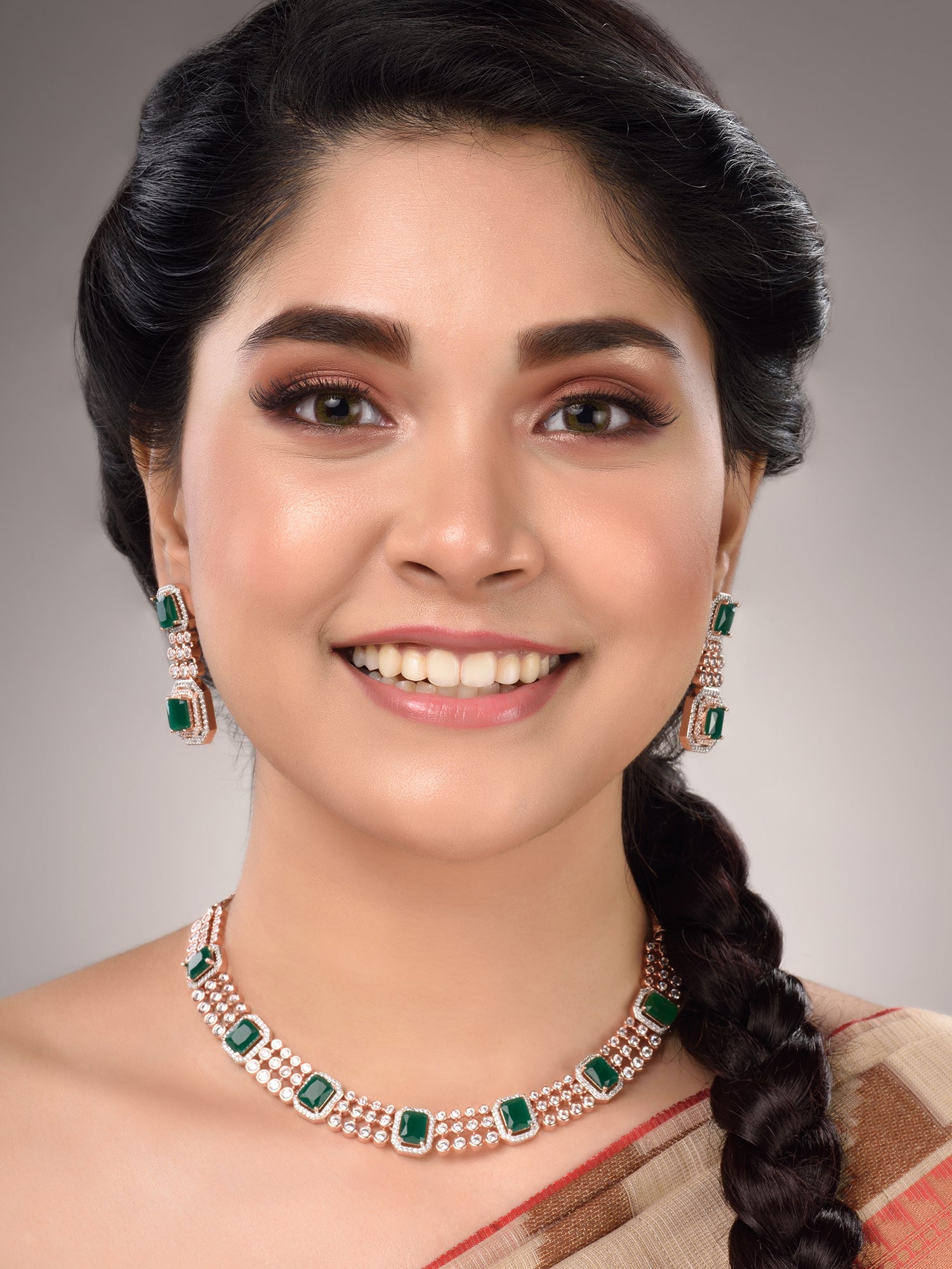 Rose Gold Plated White & Green AD Studded Modern Necklace Jewellery Set