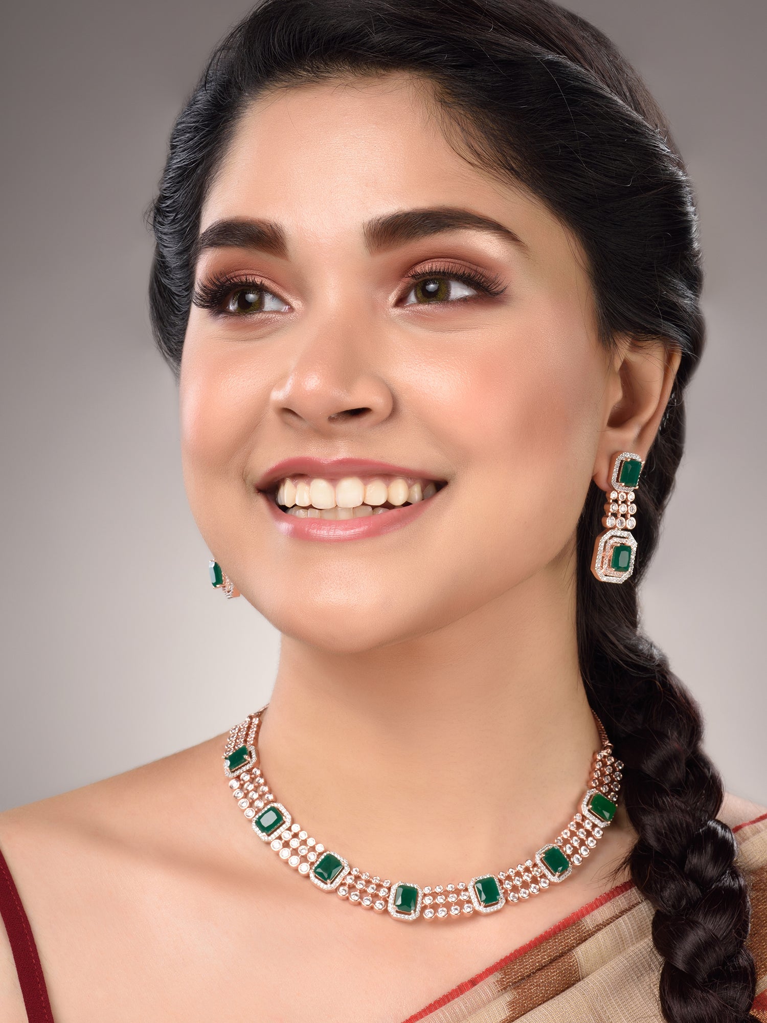 Rose Gold Plated White & Green AD Studded Modern Necklace Jewellery Set