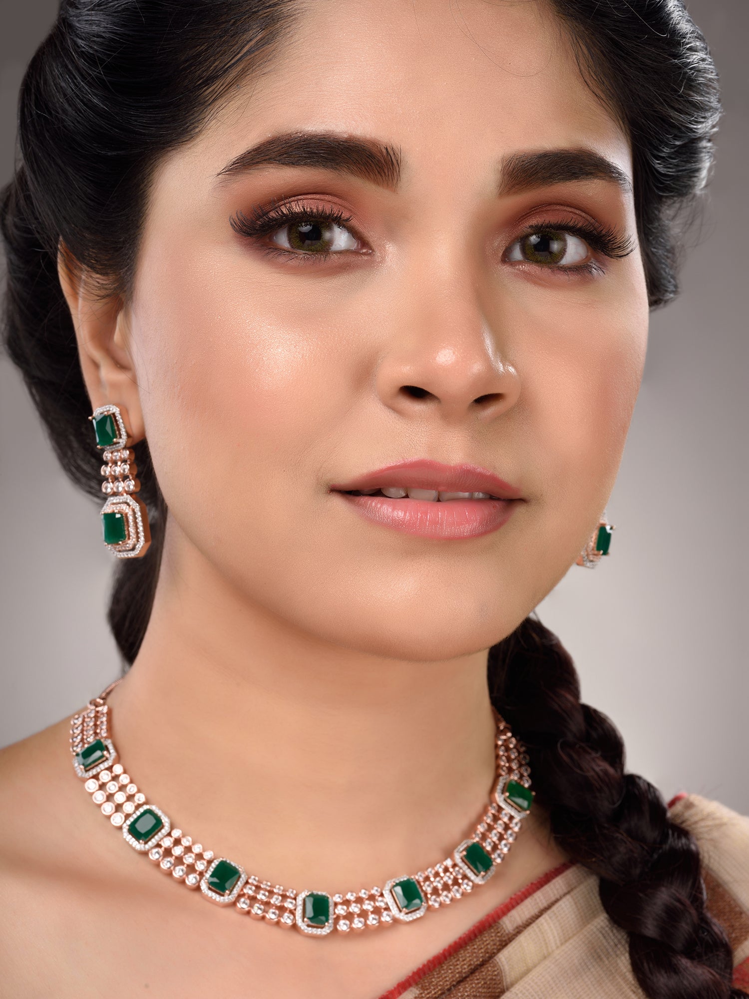 Rose Gold Plated White & Green AD Studded Modern Necklace Jewellery Set