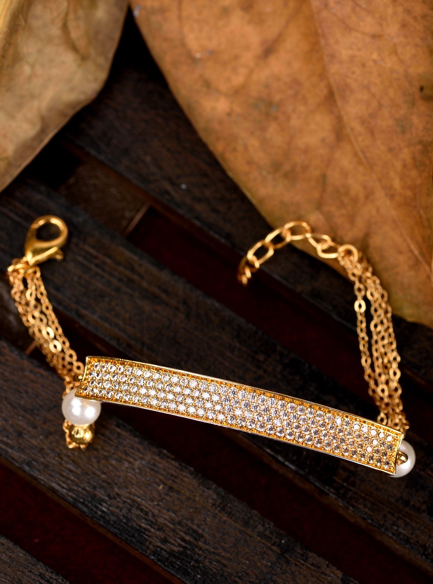 Gold Plated White AD Studded Pearls Adjustable Bracelet