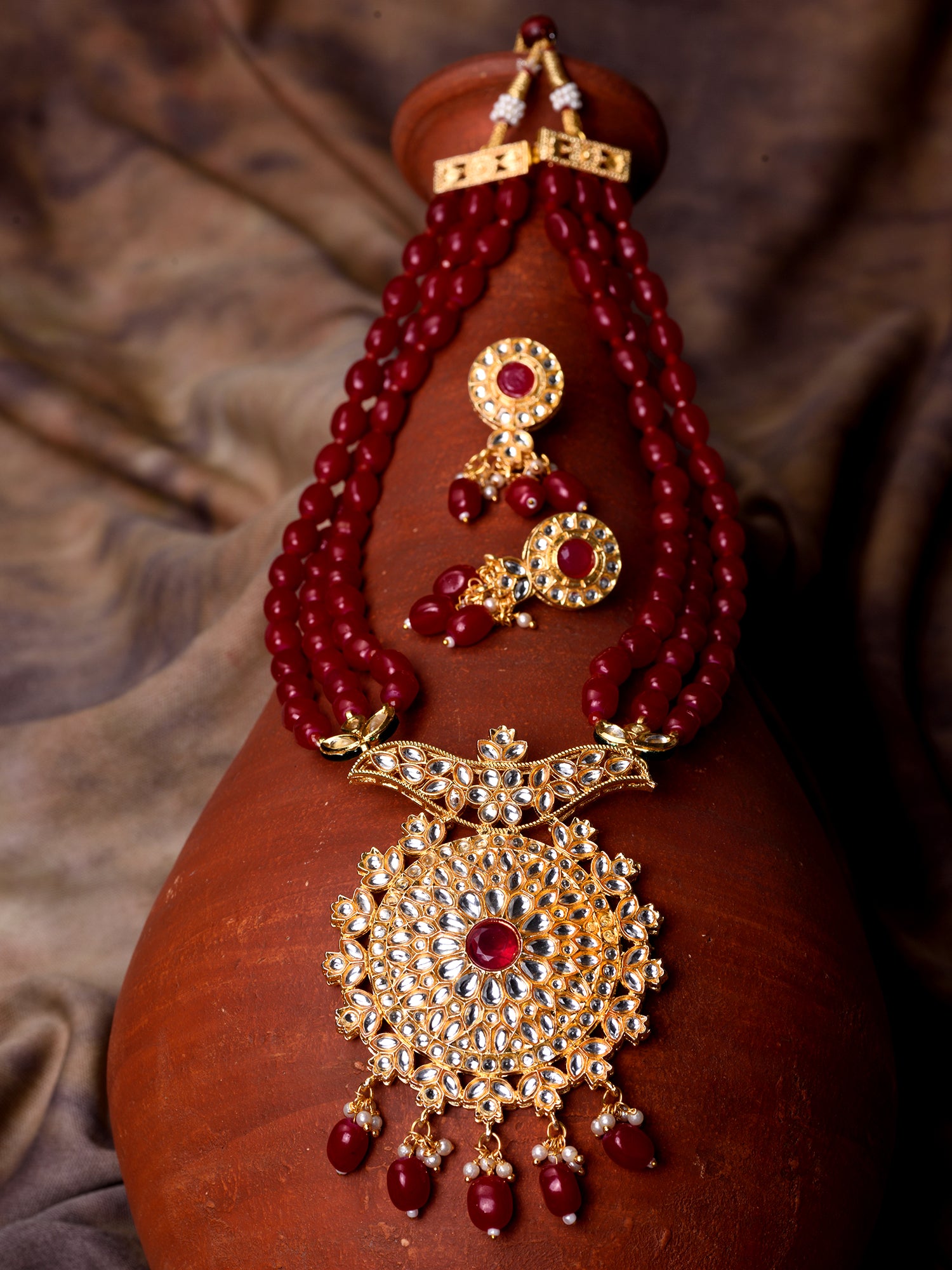 Gold Plated Red & White Pearl Beaded Necklace Jewellery Set