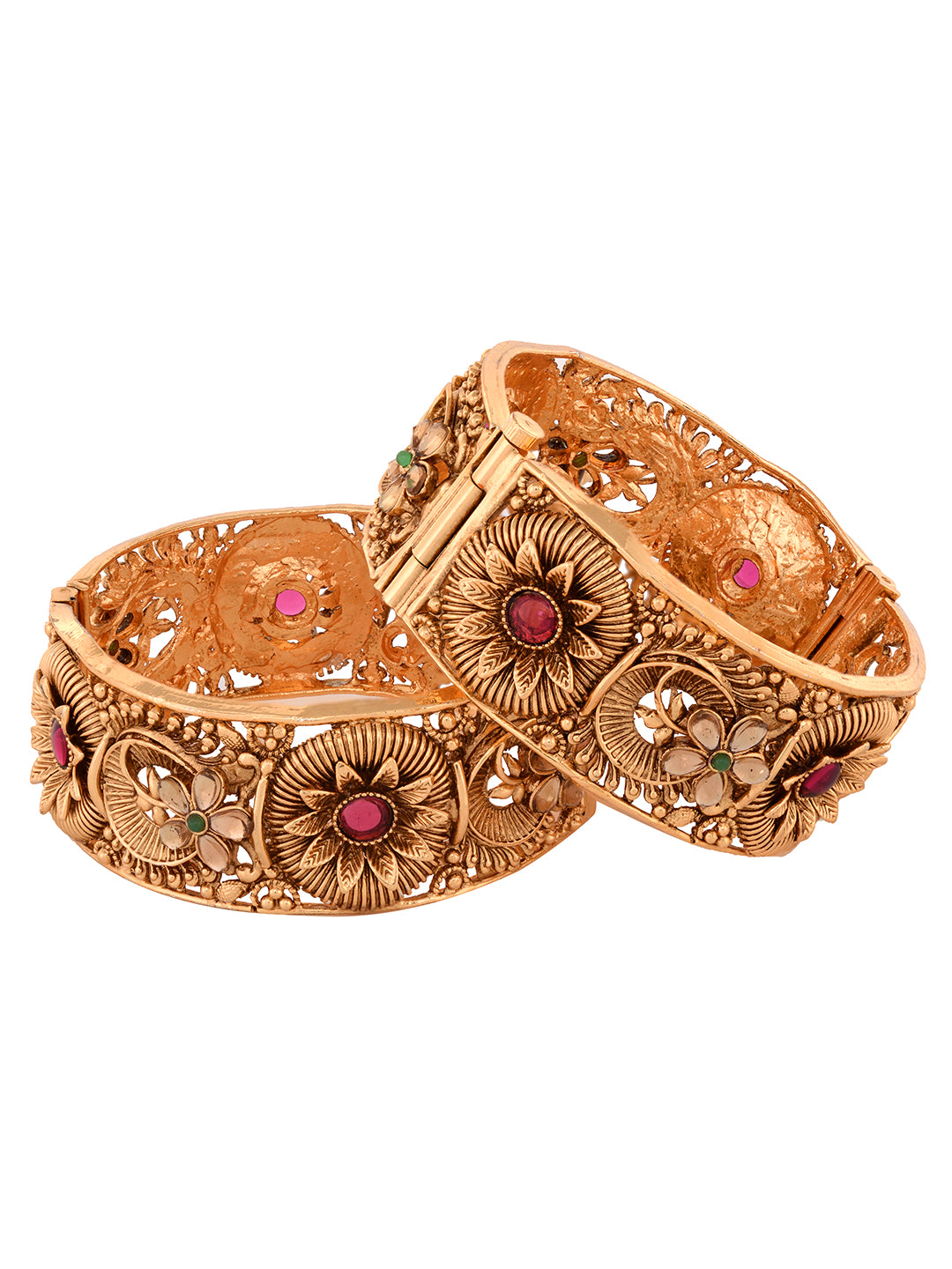Set Of 2 Gold Plated Red Stone Studded Floral Openable Bangles