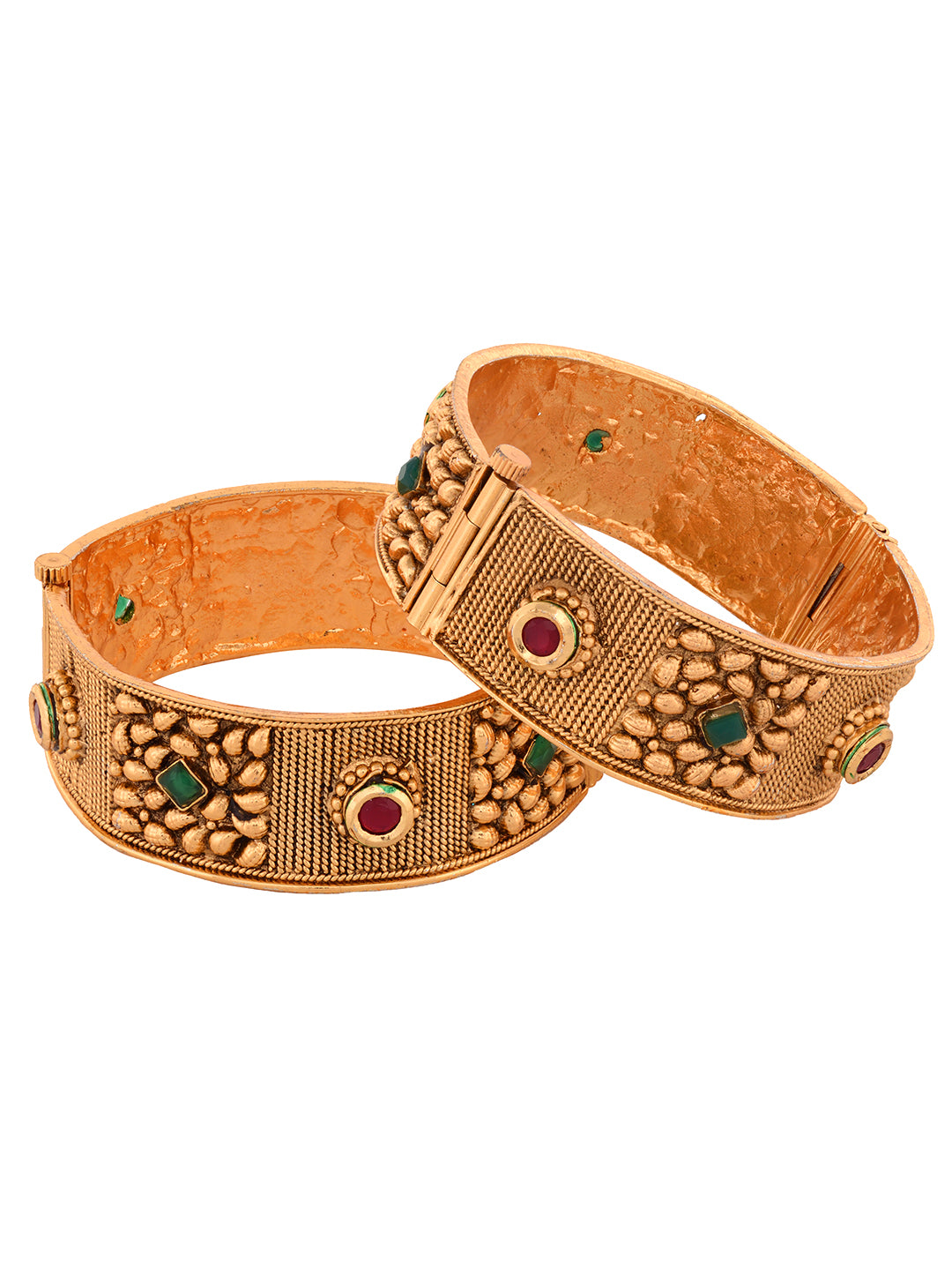 Set Of 2 Gold Toned Red & Green Kundan Studded Openable Bangle Set