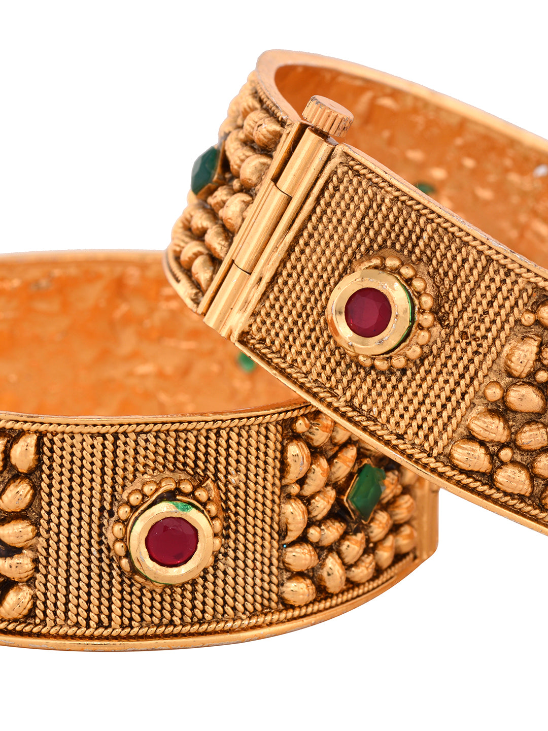 Set Of 2 Gold Toned Red & Green Kundan Studded Openable Bangle Set