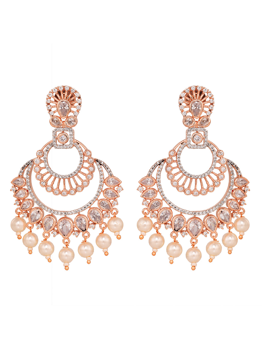Rose Gold plated Pearl & AD studded Crescent Shaped Chandbali Earrings