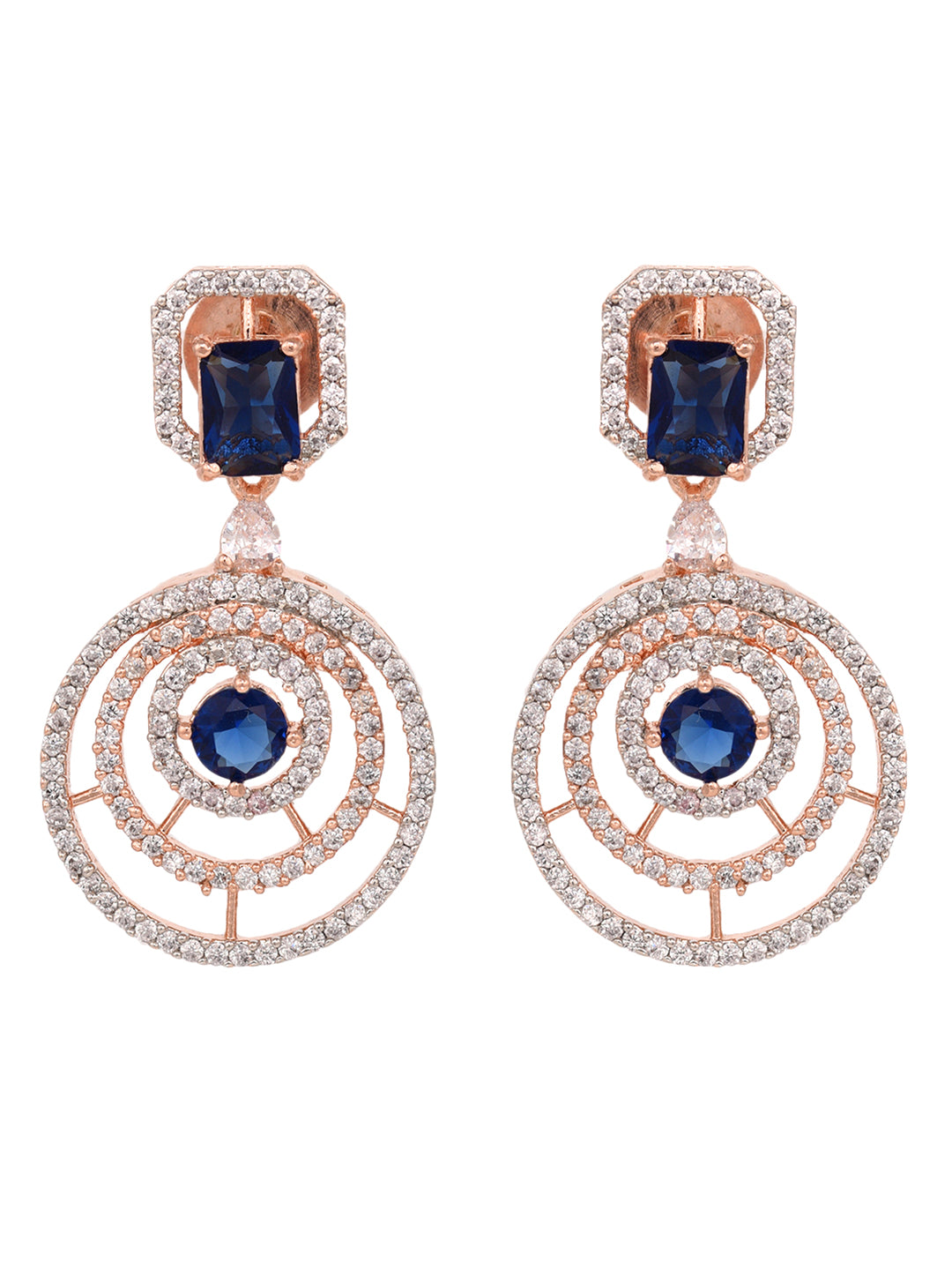 Rose Gold Plated blue & White AD Studded Concentric Dropdown Earrings