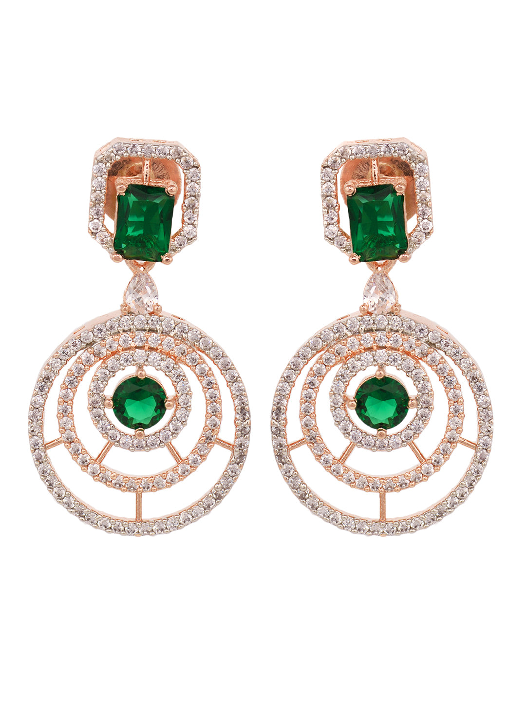 Rose Gold Plated Green & White AD Studded Concentric Dropdown Earrings