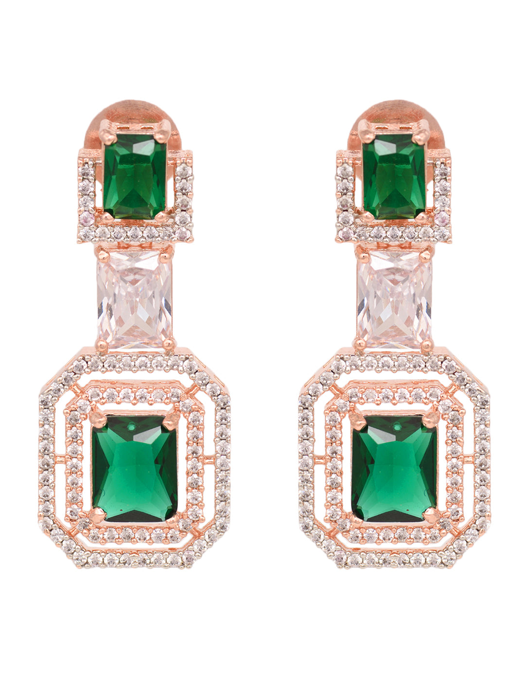 Rose Gold Plated Green & White AD Studded Dropdown Statement Earrings