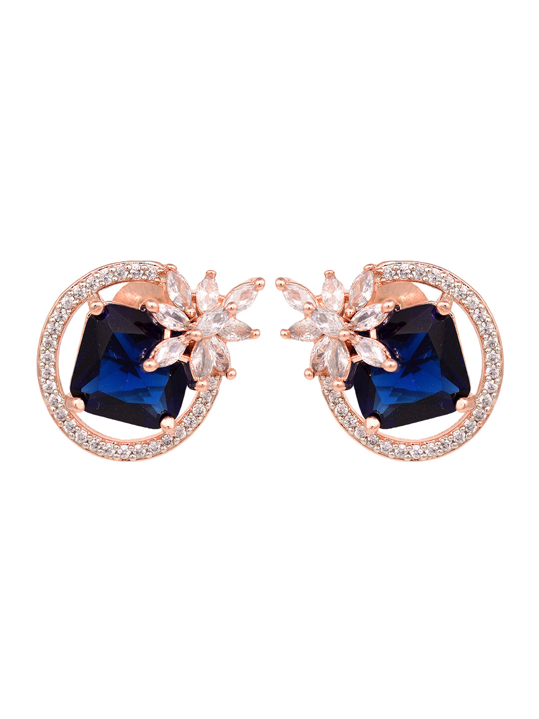 Rose Gold Plated Blue Sapphire AD Floral Studs Earrings