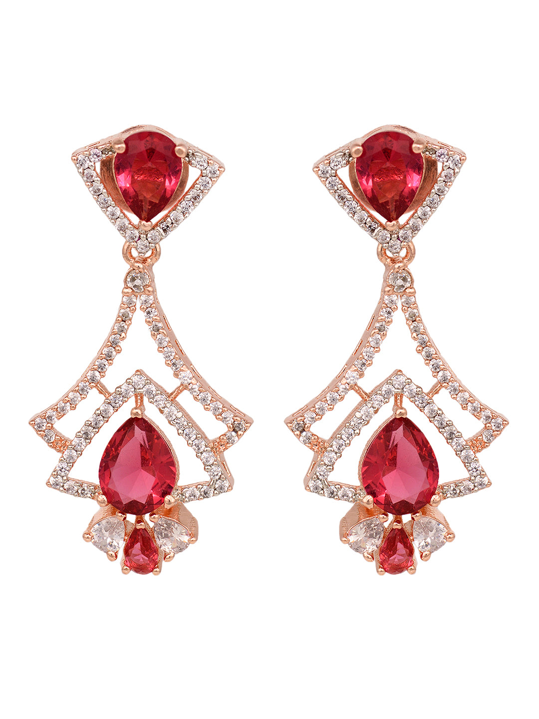 Rose Gold Plated Pink Ruby & White AD Studded Quirky Dropdown Earrings