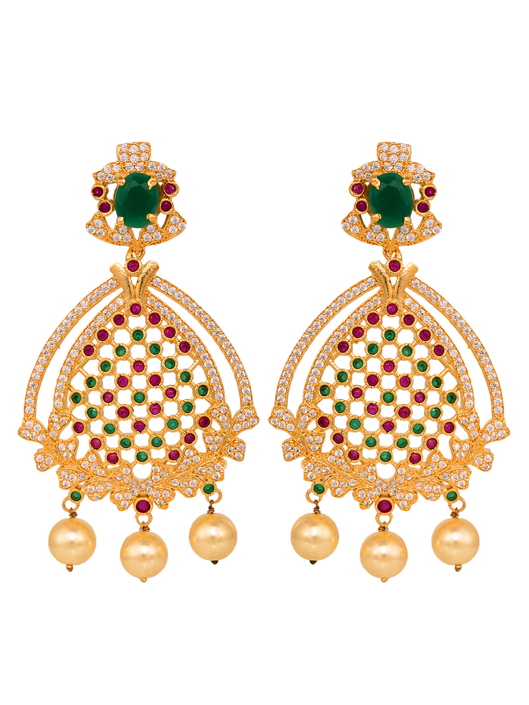 Gold Plated Multi AD Studded Chandelier Dropdown Earrings