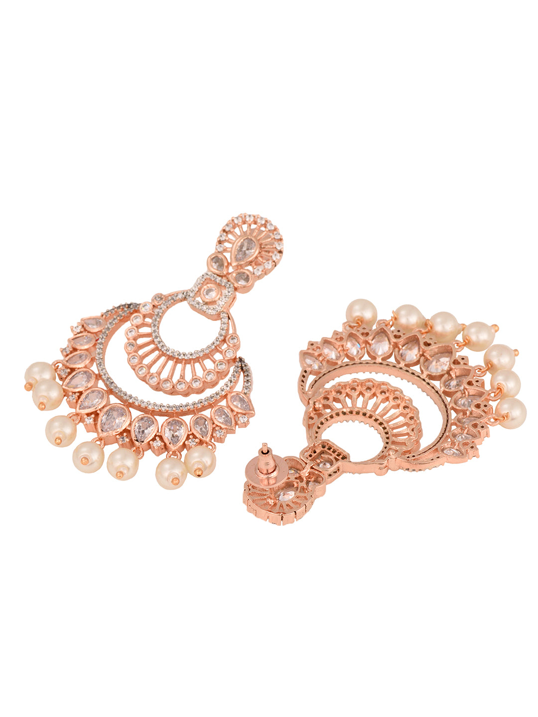 Rose Gold plated Pearl & AD studded Crescent Shaped Chandbali Earrings