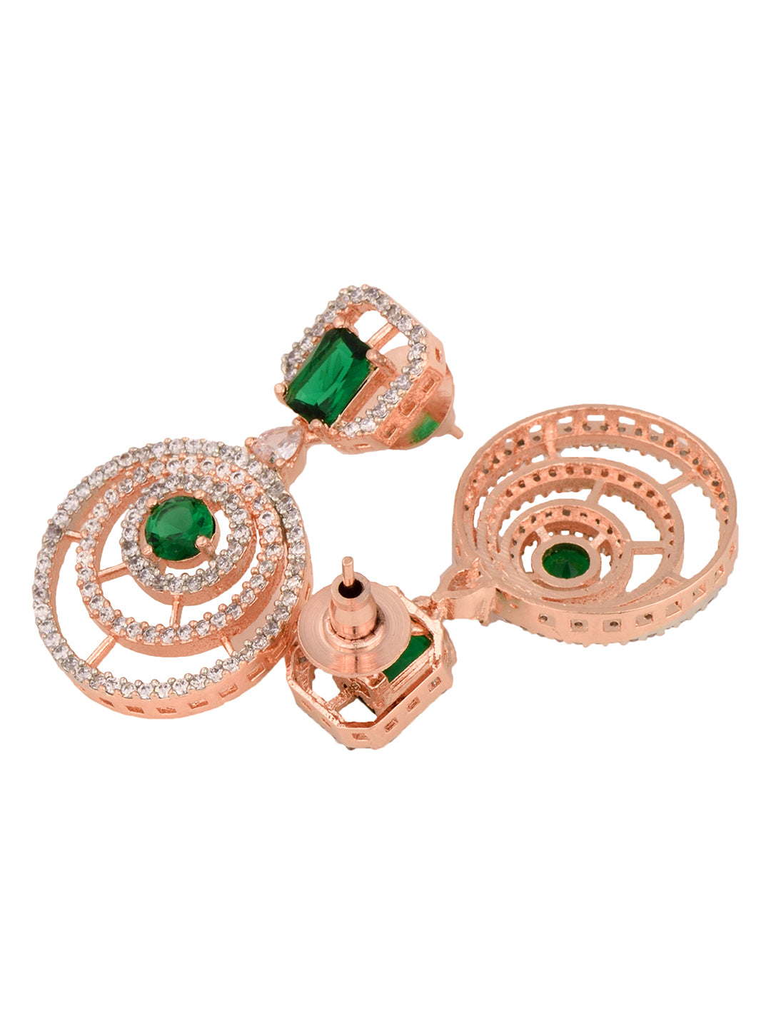 Rose Gold Plated Green & White AD Studded Concentric Dropdown Earrings