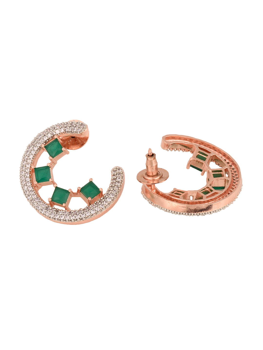 Rose Gold Plated Green AD Studded Half Hoop Stud Earrings