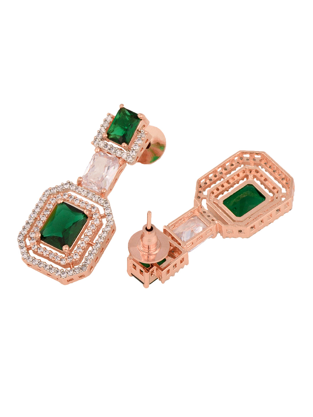 Rose Gold Plated Green & White AD Studded Dropdown Statement Earrings