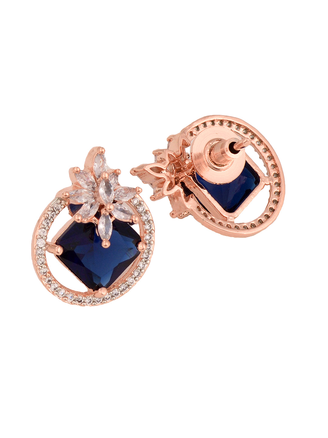Rose Gold Plated Blue Sapphire AD Floral Studs Earrings
