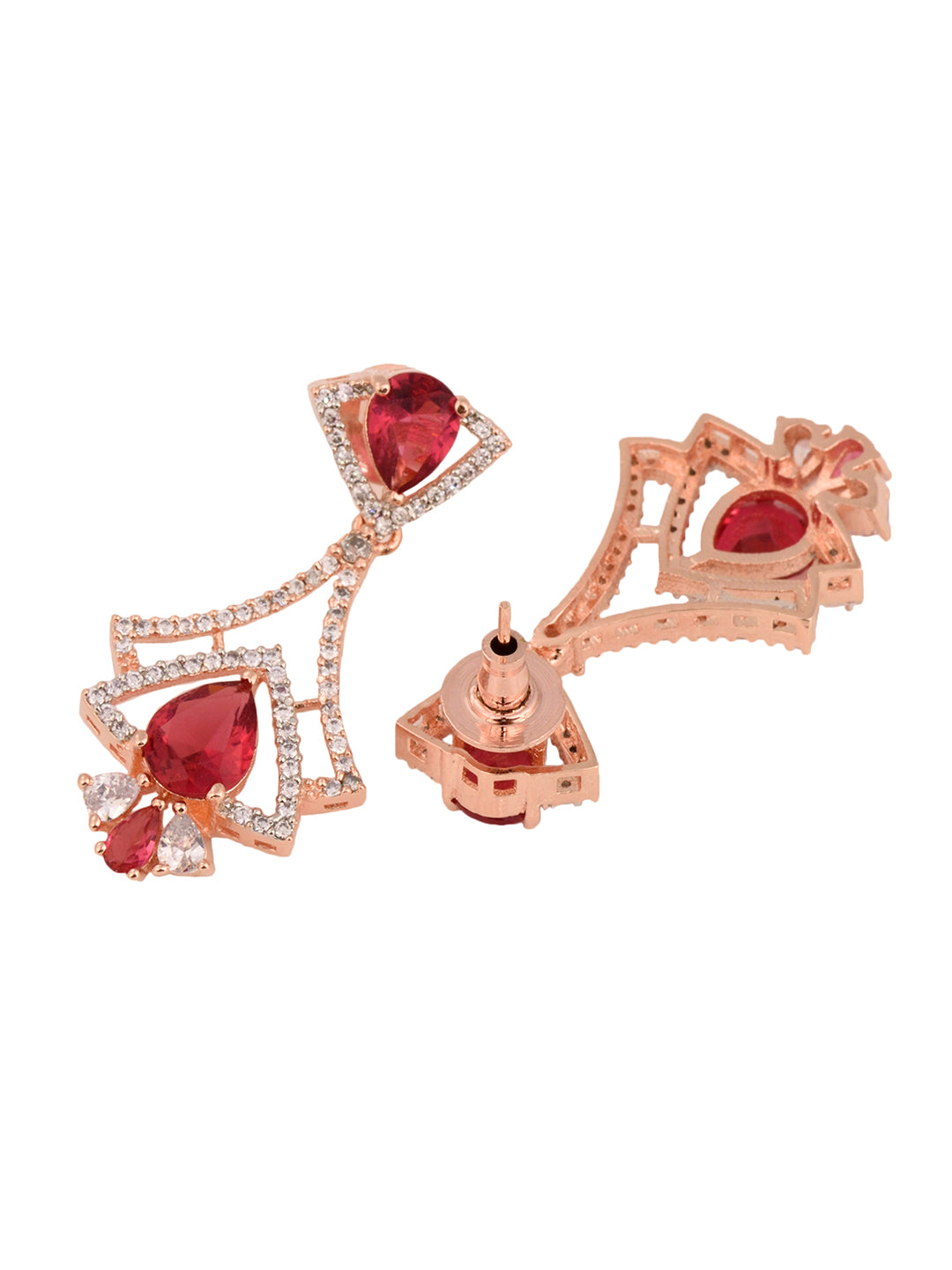 Rose Gold Plated Pink Ruby & White AD Studded Quirky Dropdown Earrings